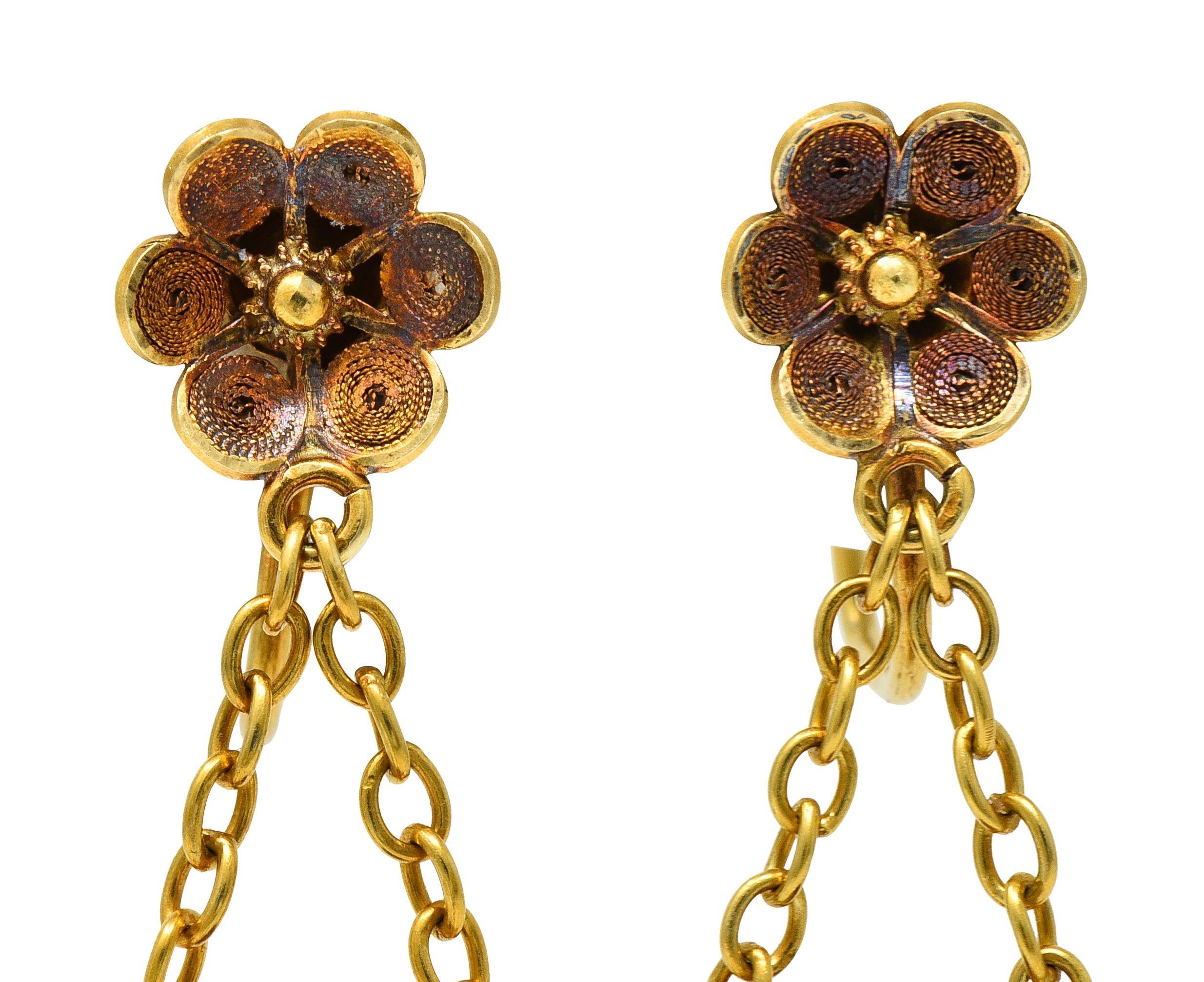 Victorian Etruscan Revival 14 Karat Gold Floral Antique Drop Screw-Back Earrings For Sale 1