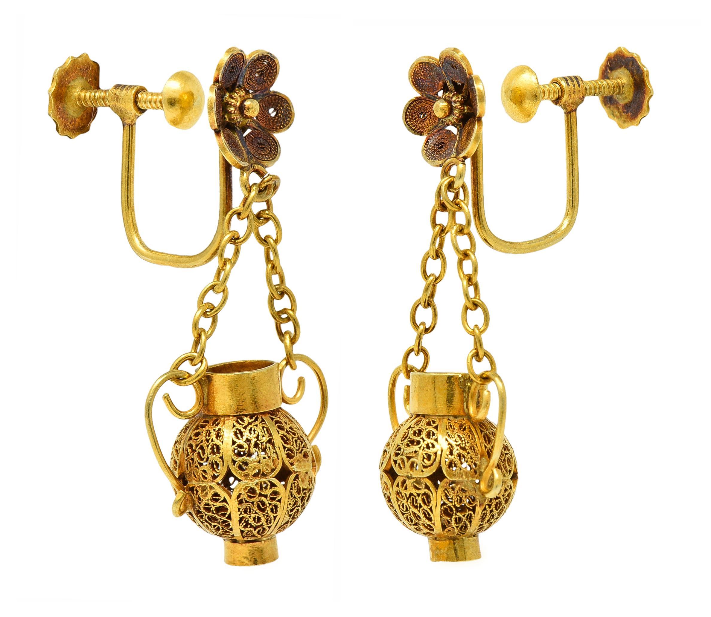 Victorian Etruscan Revival 14 Karat Gold Floral Antique Drop Screw-Back Earrings For Sale 3