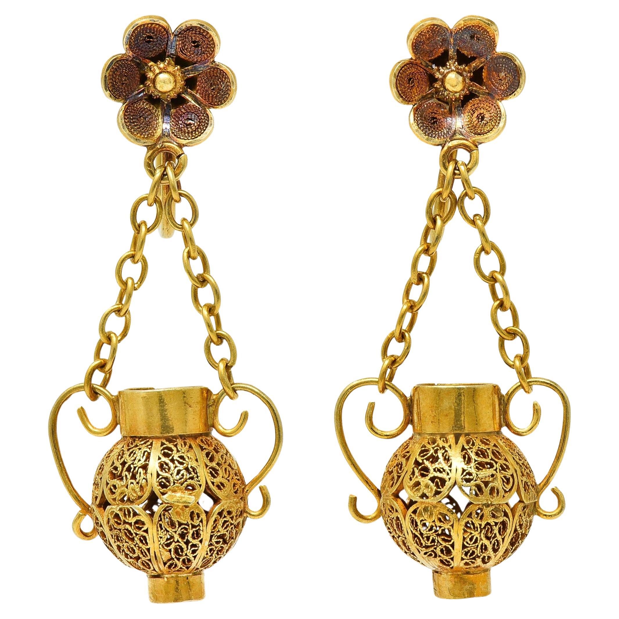Victorian Etruscan Revival 14 Karat Gold Floral Antique Drop Screw-Back Earrings For Sale
