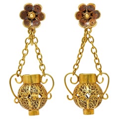 Victorian Etruscan Revival 14 Karat Gold Floral Vintage Drop Screw-Back Earrings