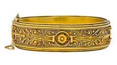 Victorian Etruscan Revival 14 Karat Gold Floral Bangle Bracelet, circa 1870