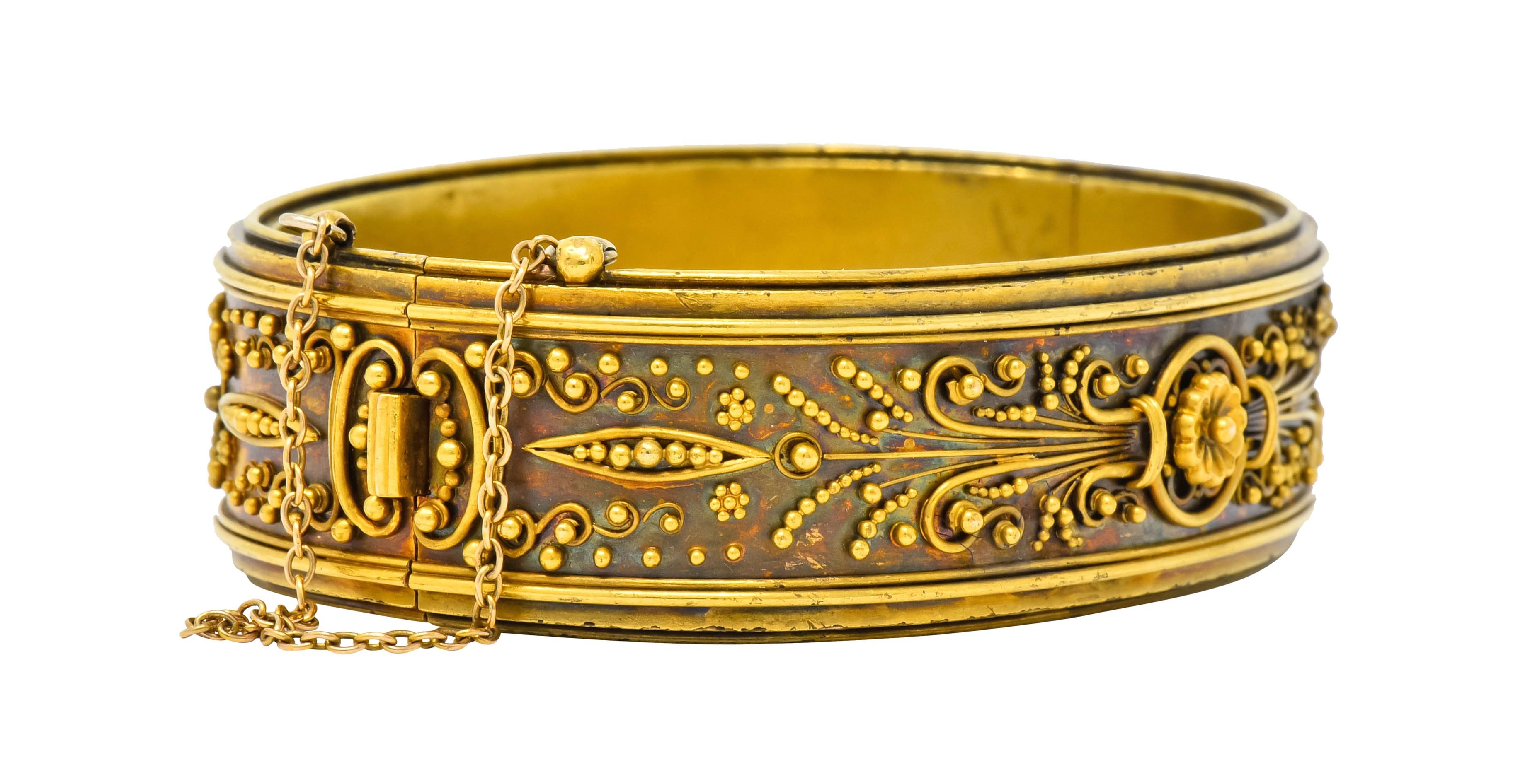 Victorian Etruscan Revival 14 Karat Gold Floral Bangle Bracelet, circa 1870 In Excellent Condition In Philadelphia, PA