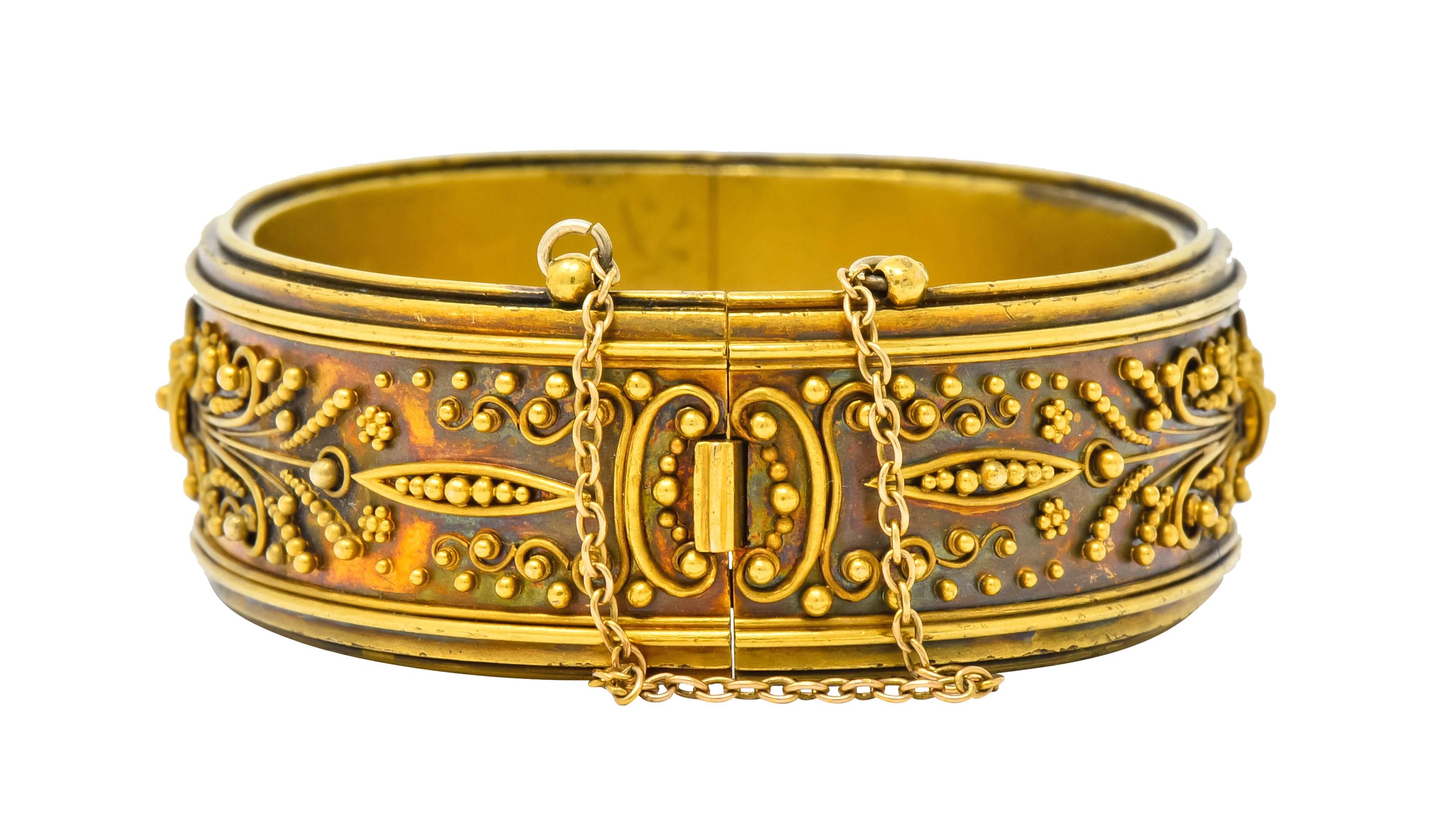 Women's or Men's Victorian Etruscan Revival 14 Karat Gold Floral Bangle Bracelet, circa 1870
