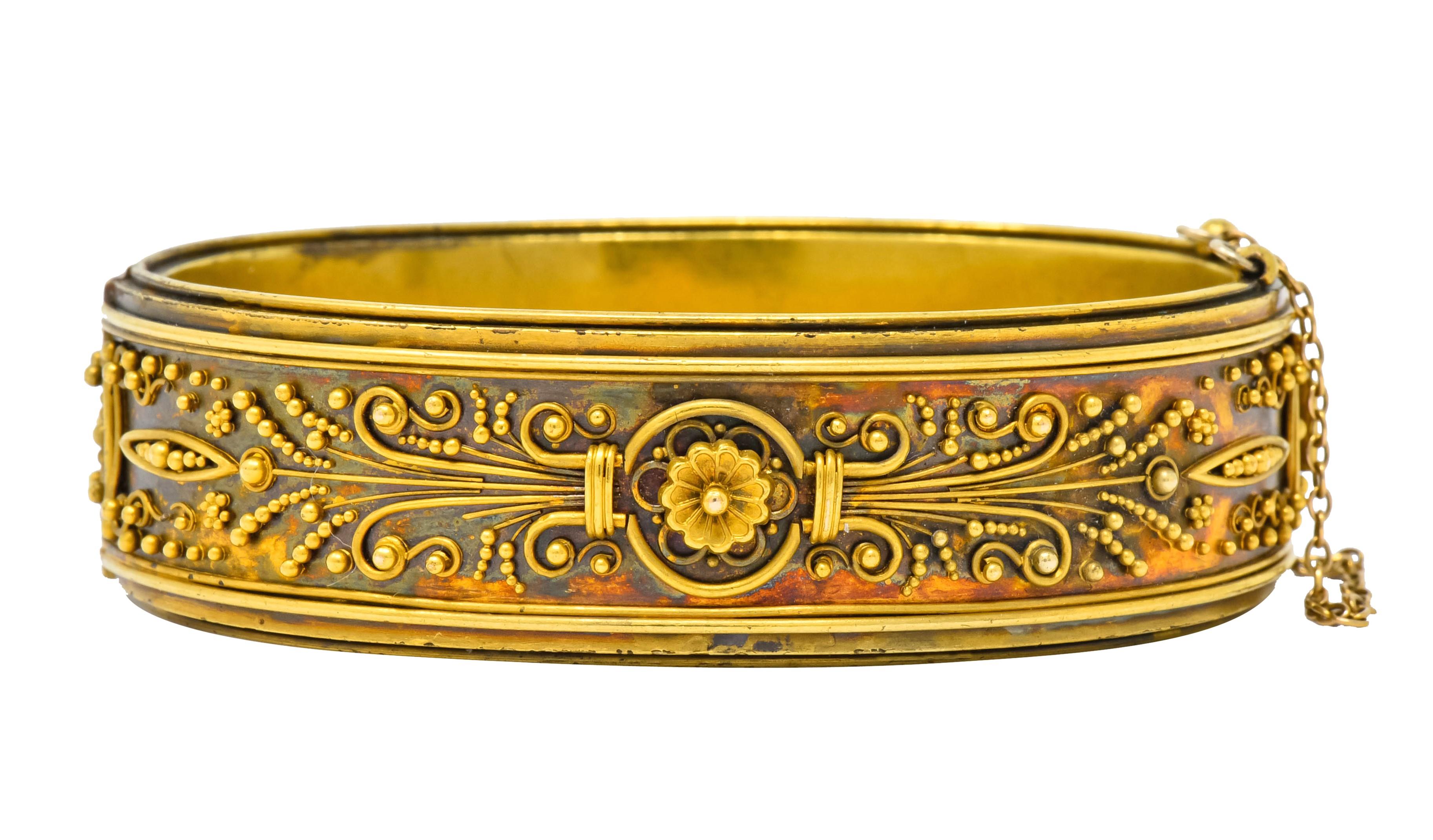 Victorian Etruscan Revival 14 Karat Gold Floral Bangle Bracelet, circa 1870 1
