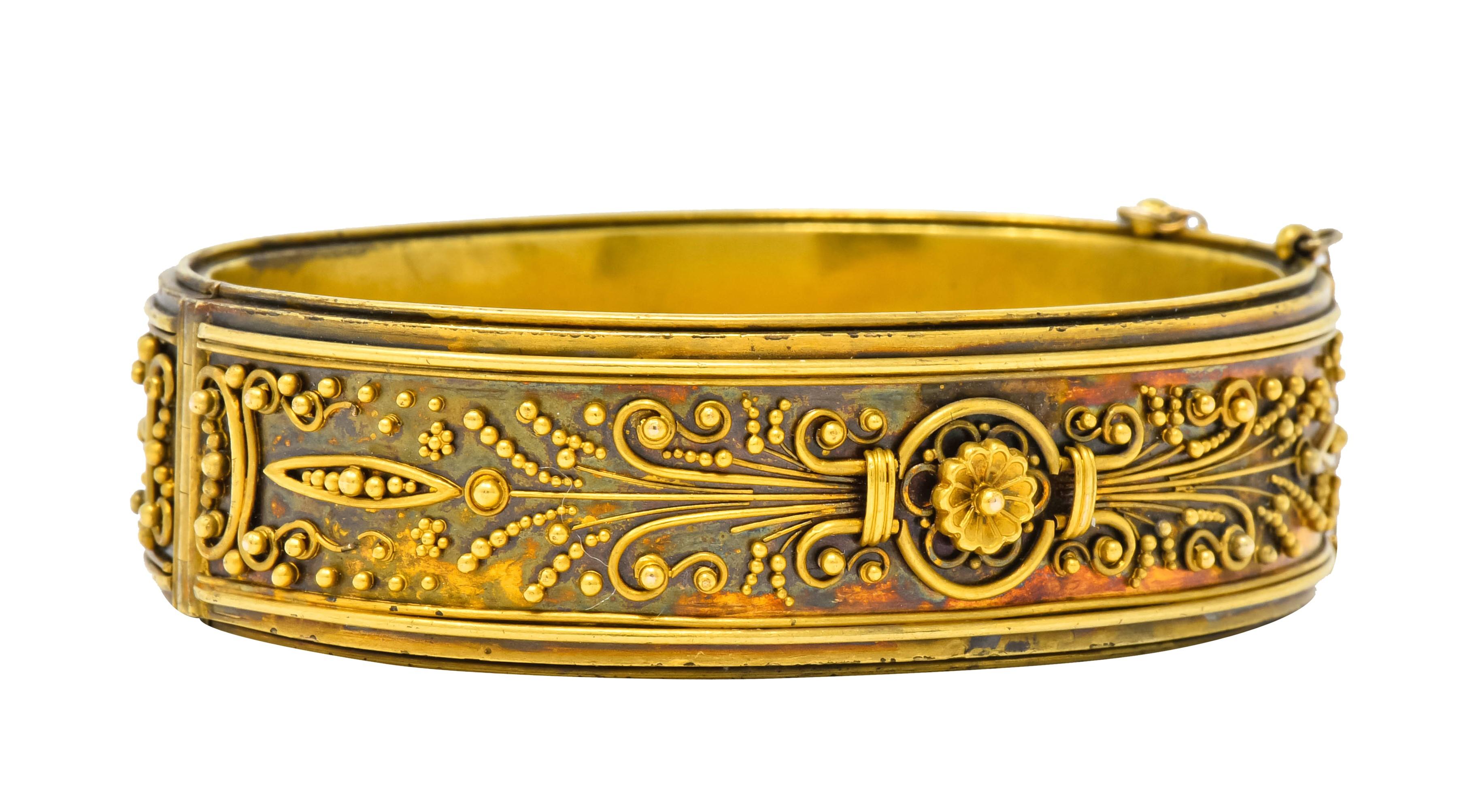 Victorian Etruscan Revival 14 Karat Gold Floral Bangle Bracelet, circa 1870 2