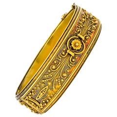 Antique Victorian Etruscan Revival 14 Karat Gold Floral Bangle Bracelet, circa 1870