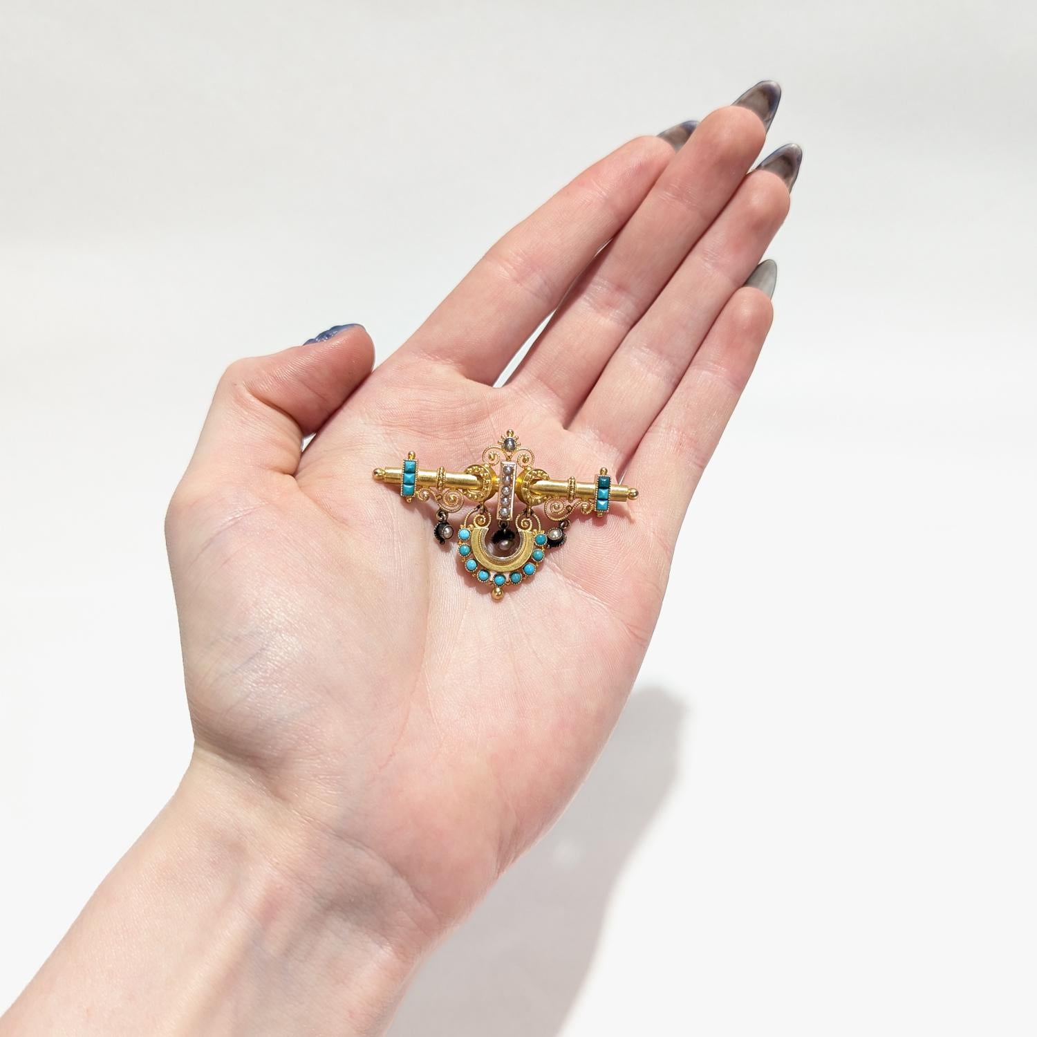 Victorian Etruscan Revival 14 Karat Gold, Turquoise and Pearl Brooch or Pin For Sale 6