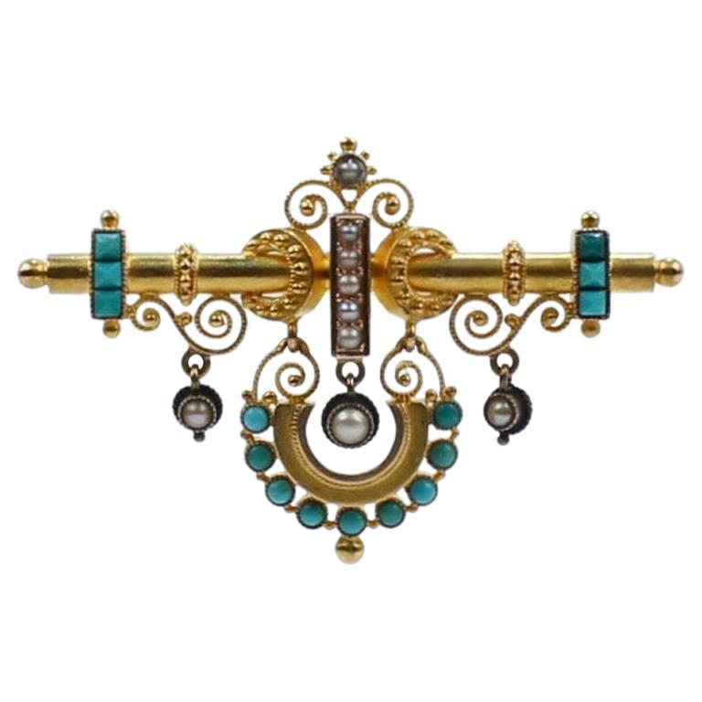 Viktorianische Brosche oder Anstecknadel, Etruscan Revival, 14 Karat Gold, Türkis und Perle