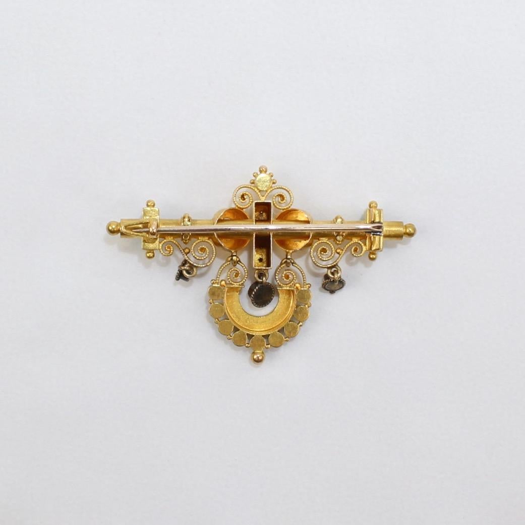 Viktorianische Brosche oder Anstecknadel, Etruscan Revival, 14 Karat Gold, Türkis und Perle im Angebot 4