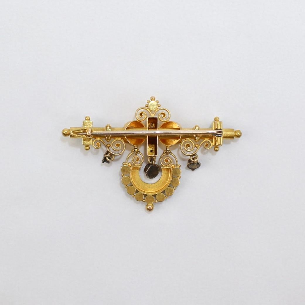Victorian Etruscan Revival 14 Karat Gold, Turquoise and Pearl Brooch or Pin For Sale 4