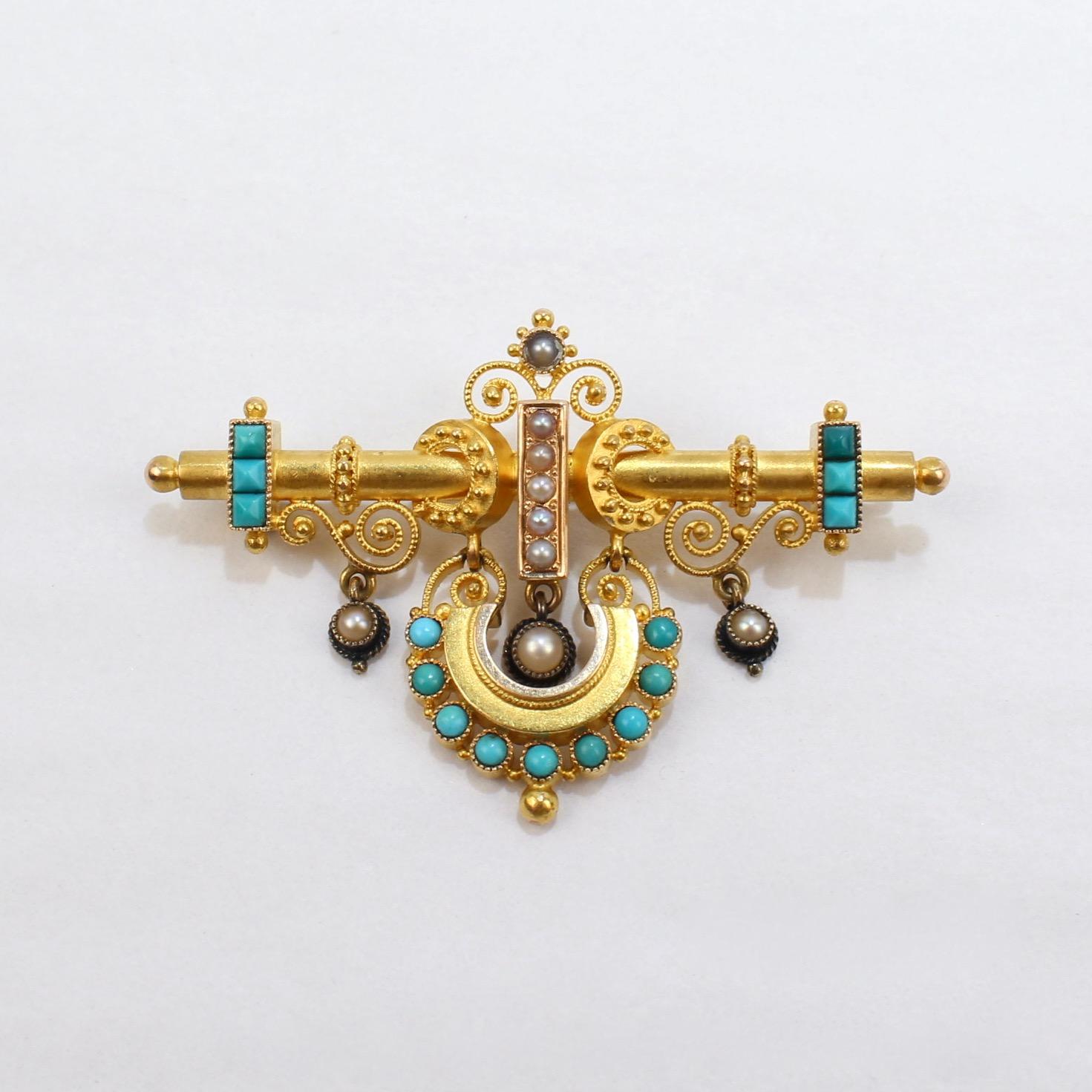 Victorian Etruscan Revival 14 Karat Gold, Turquoise and Pearl Brooch or Pin In Good Condition For Sale In Philadelphia, PA