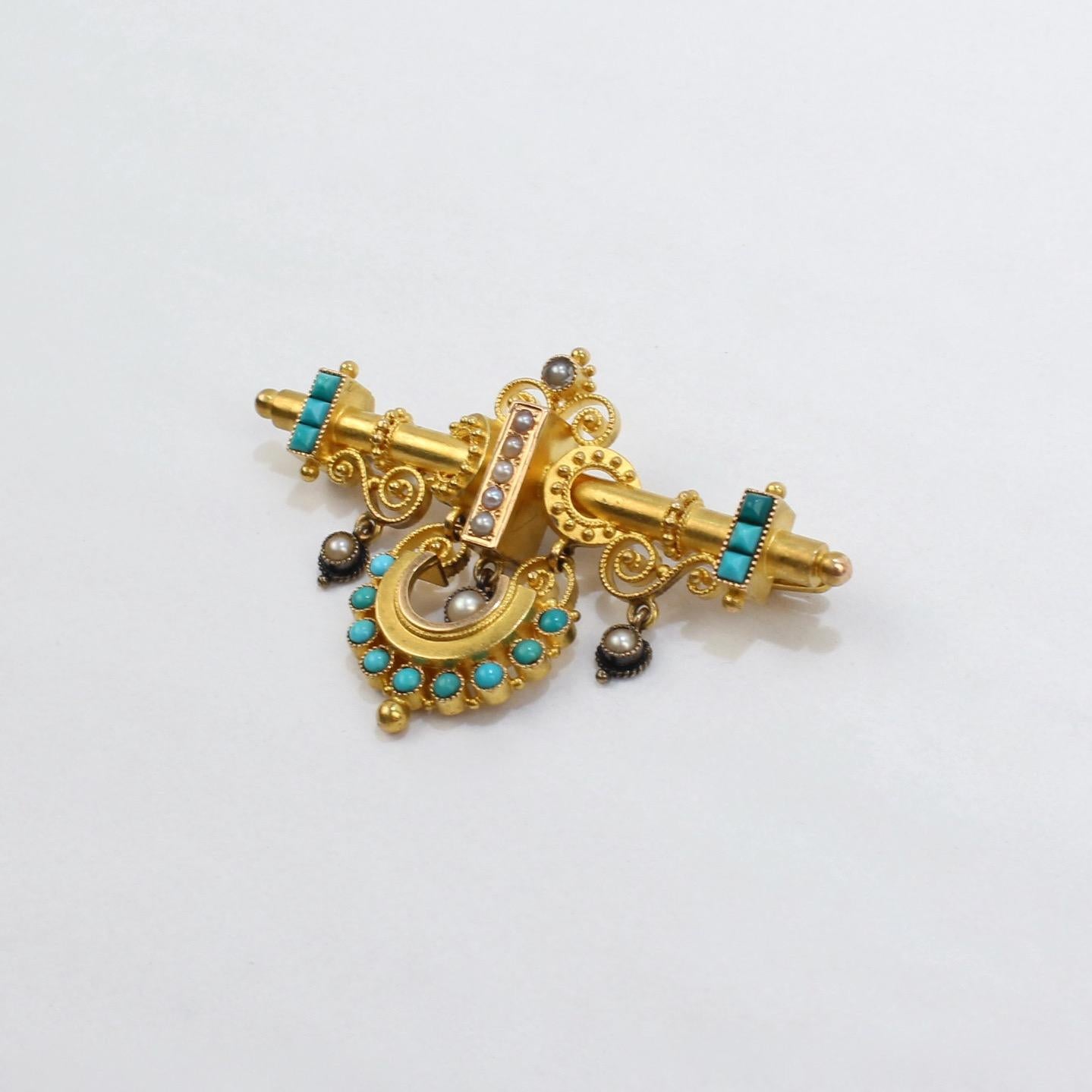 Cabochon Victorian Etruscan Revival 14 Karat Gold, Turquoise and Pearl Brooch or Pin For Sale