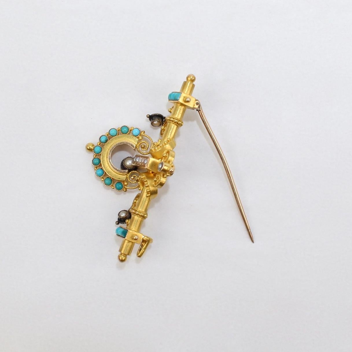 Victorian Etruscan Revival 14 Karat Gold, Turquoise and Pearl Brooch or Pin For Sale 1