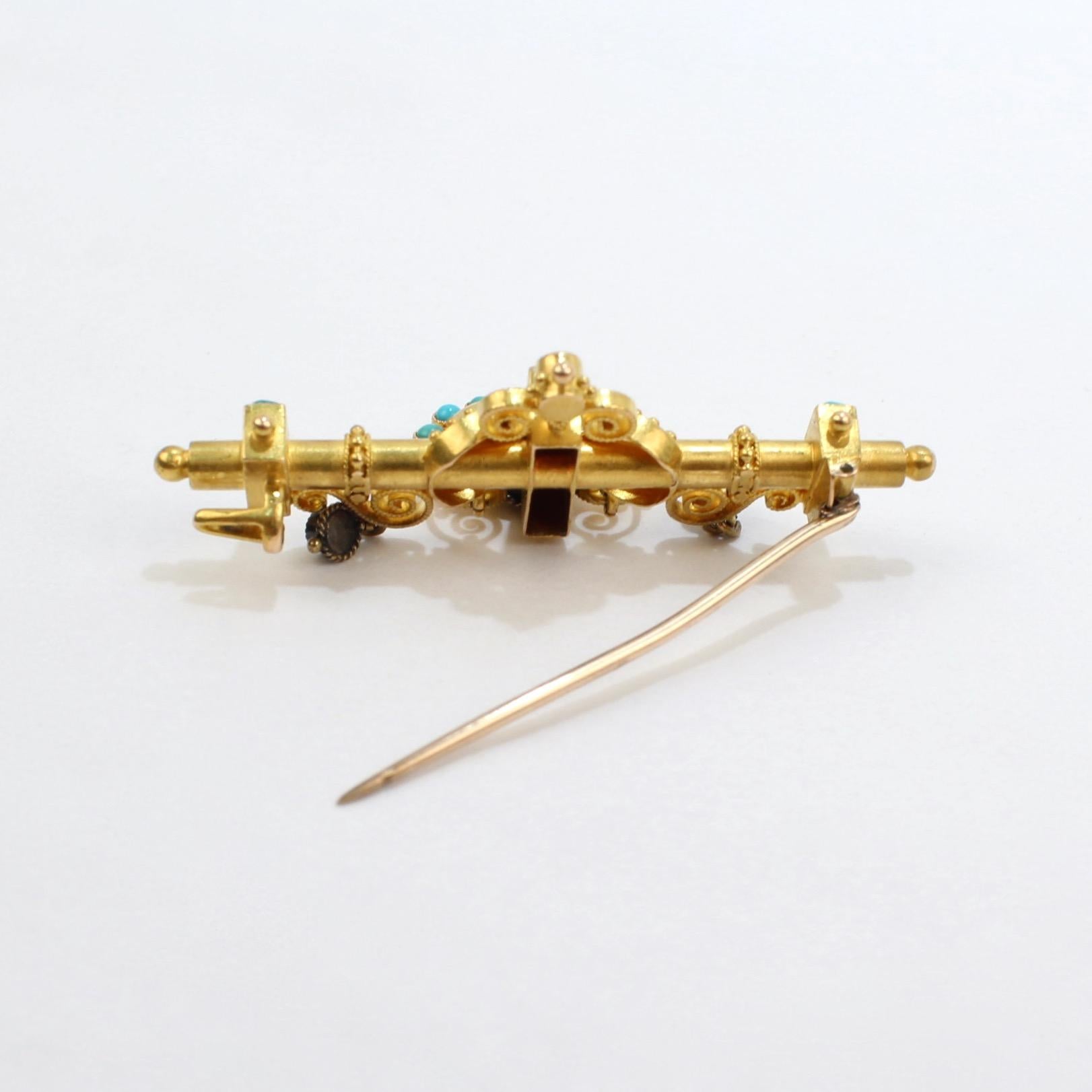 Victorian Etruscan Revival 14 Karat Gold, Turquoise and Pearl Brooch or Pin For Sale 1