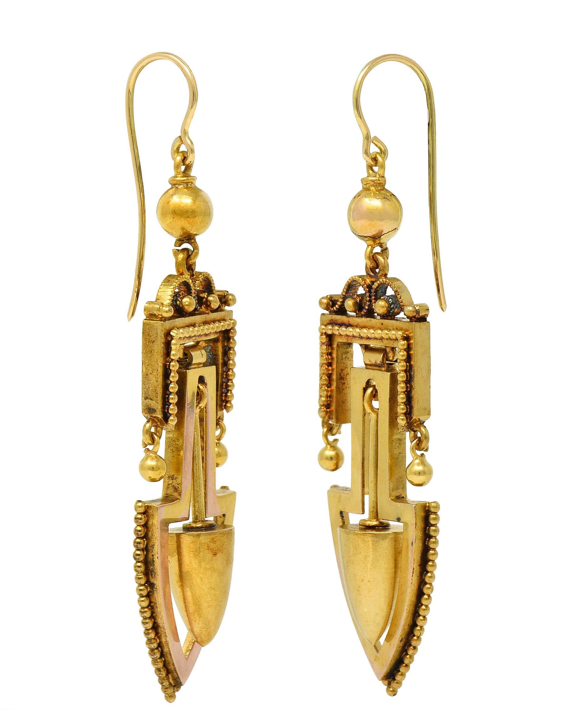 Victorian Etruscan Revival 14 Karat Gelbgold Arrow Antique Drop Earrings 1