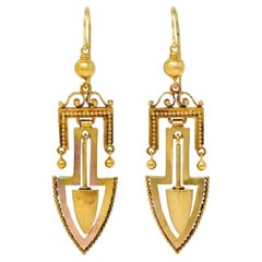 Victorian Etruscan Revival 14 Karat Gelbgold Arrow Antique Drop Earrings