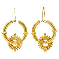 Victorian Etruscan Revival 14 Karat Yellow Gold Interlocked Hoop Antique Earring