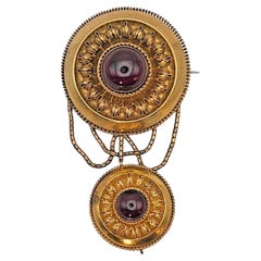 Victorian Etruscan Revival 14ct Solid Gold Cabochon Garnet Locket Brooch Ca 1880