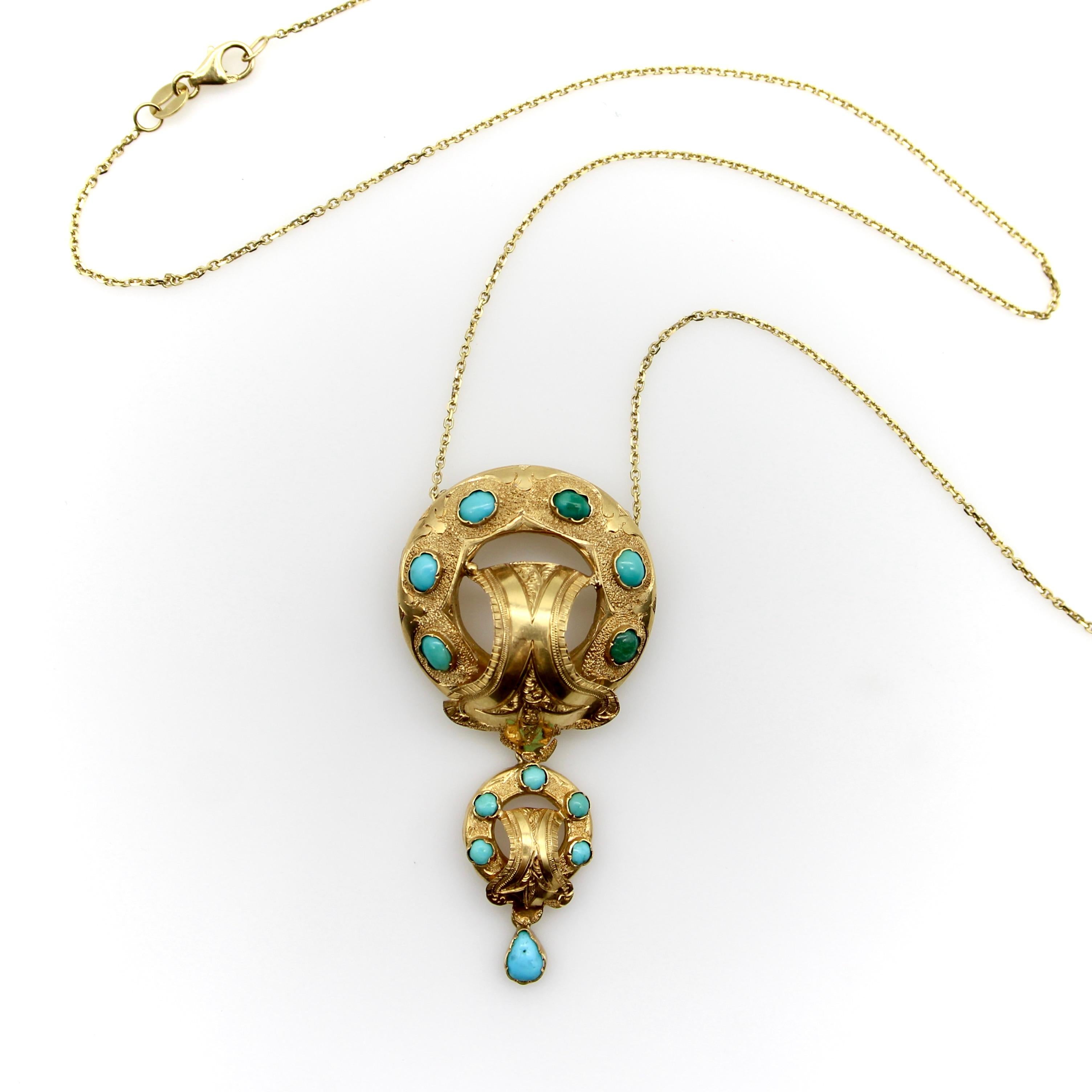 Victorian Etruscan Revival 14K Gold and Turquoise Cabochon Necklace In Good Condition For Sale In Venice, CA