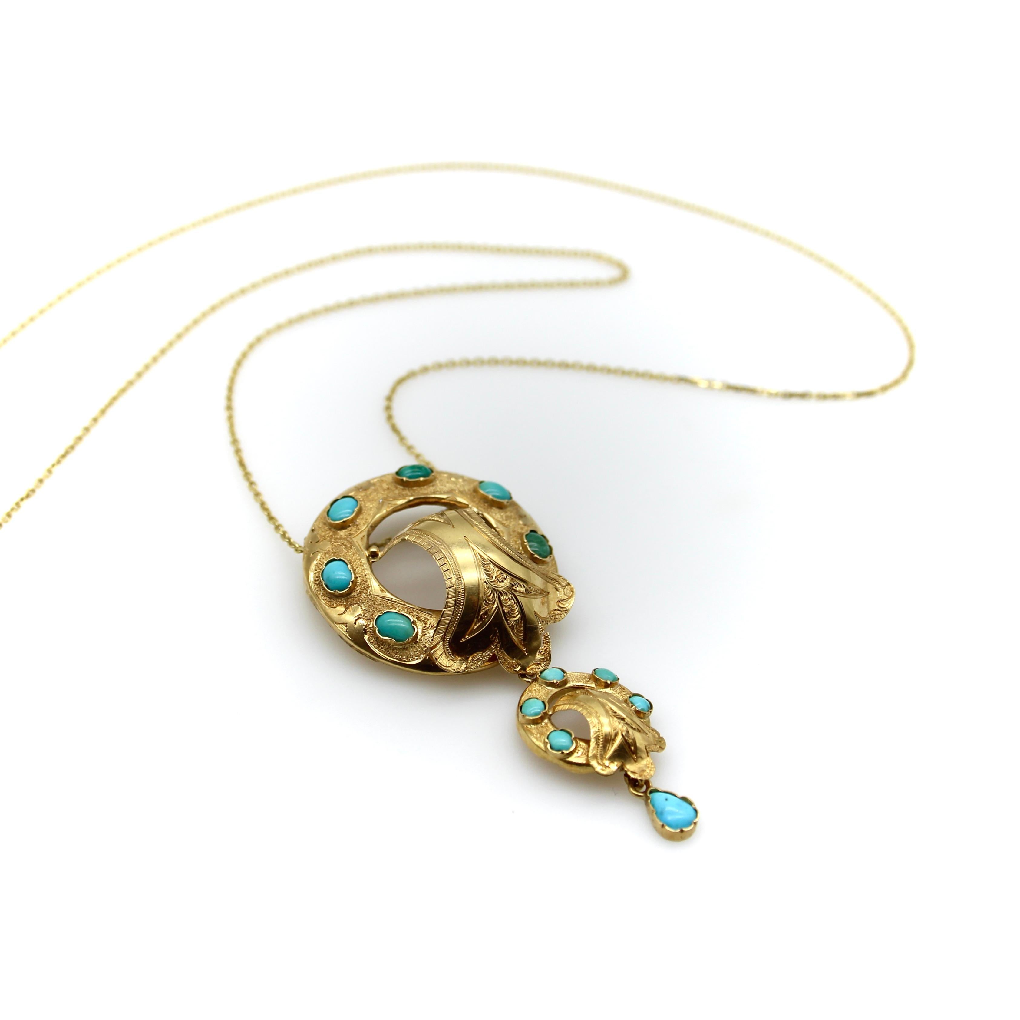 Women's or Men's Victorian Etruscan Revival 14K Gold and Turquoise Cabochon Necklace For Sale