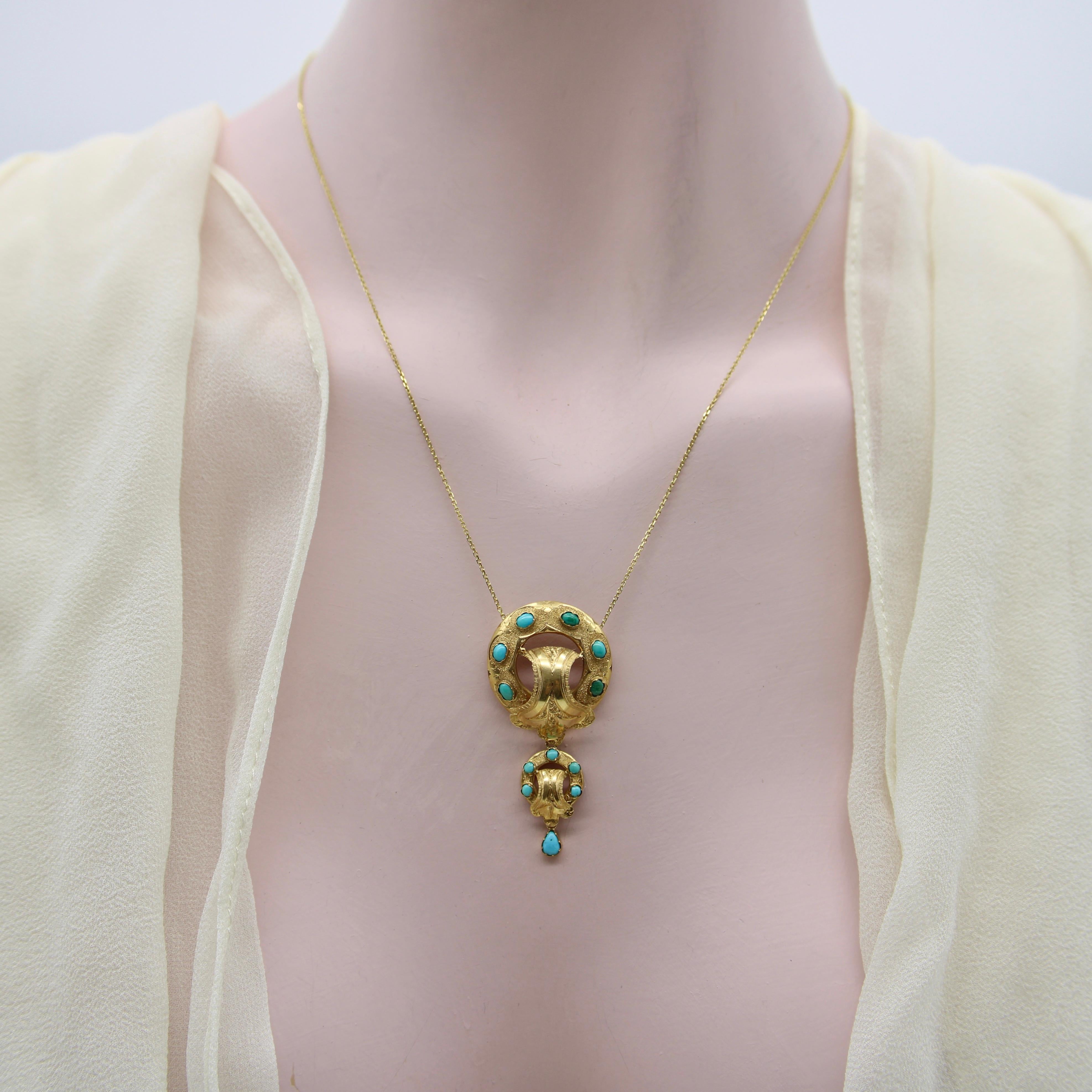 Victorian Etruscan Revival 14K Gold and Turquoise Cabochon Necklace For Sale 1