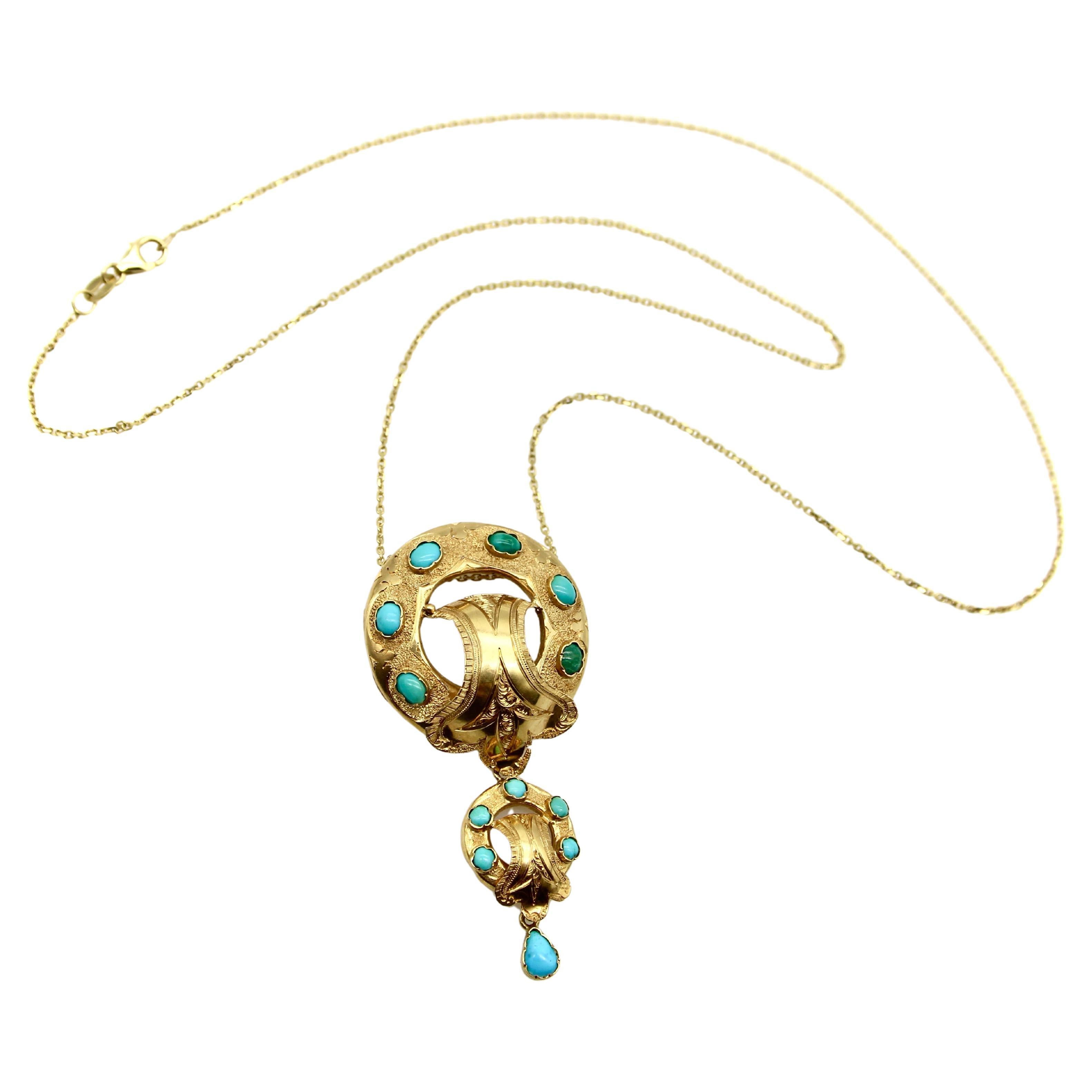 Victorian Etruscan Revival 14K Gold and Turquoise Cabochon Necklace For Sale