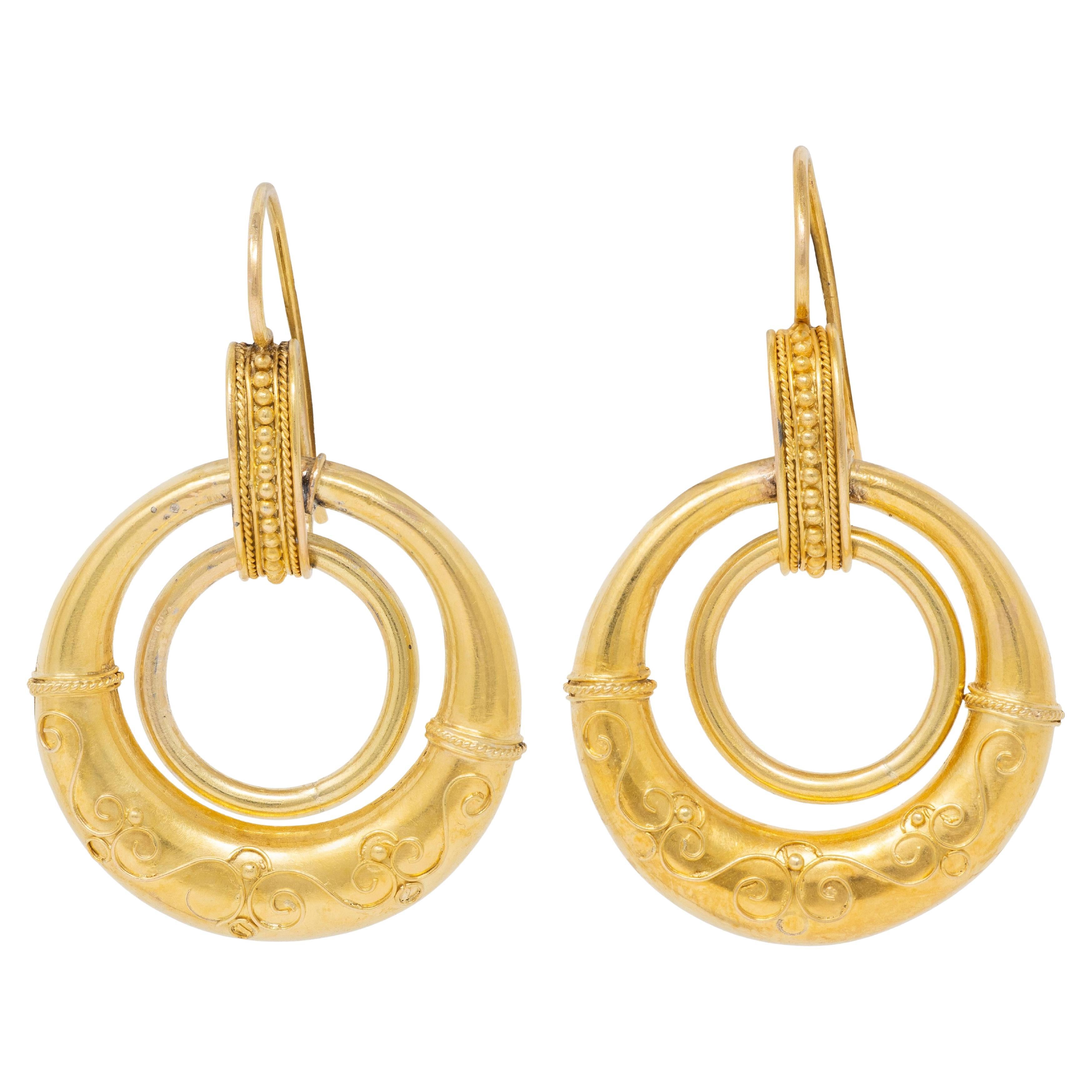 Pendientes de gota en forma de aro de filigrana antiguos de oro amarillo de 14 quilates del renacimiento etrusco victoriano