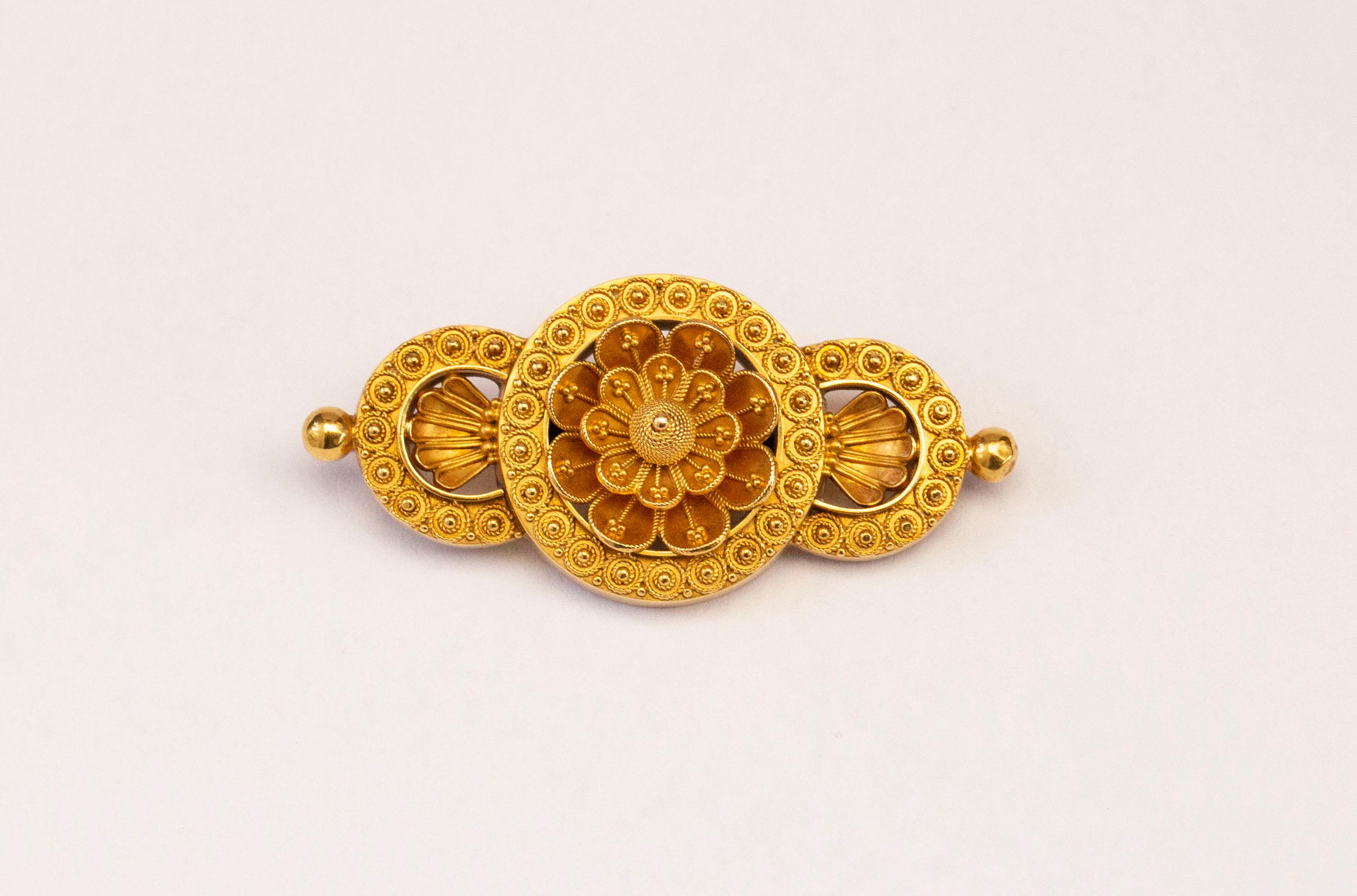 Women's Victorian Etruscan Revival 15 Karat Yellow Gold Filigree Brooch For Sale