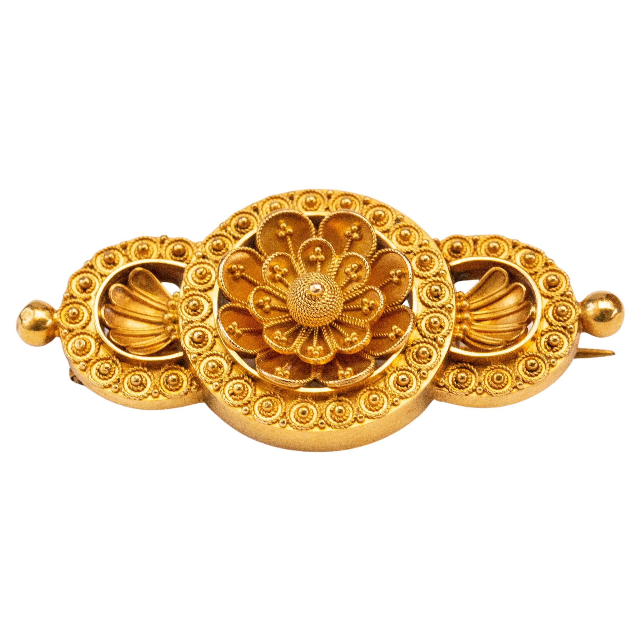 Victorian Etruscan Revival 15 Karat Yellow Gold Filigree Brooch For Sale
