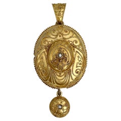 Antique Victorian Etruscan Revival 15 Karat Yellow Gold Pearl Drop Pendant Brooch