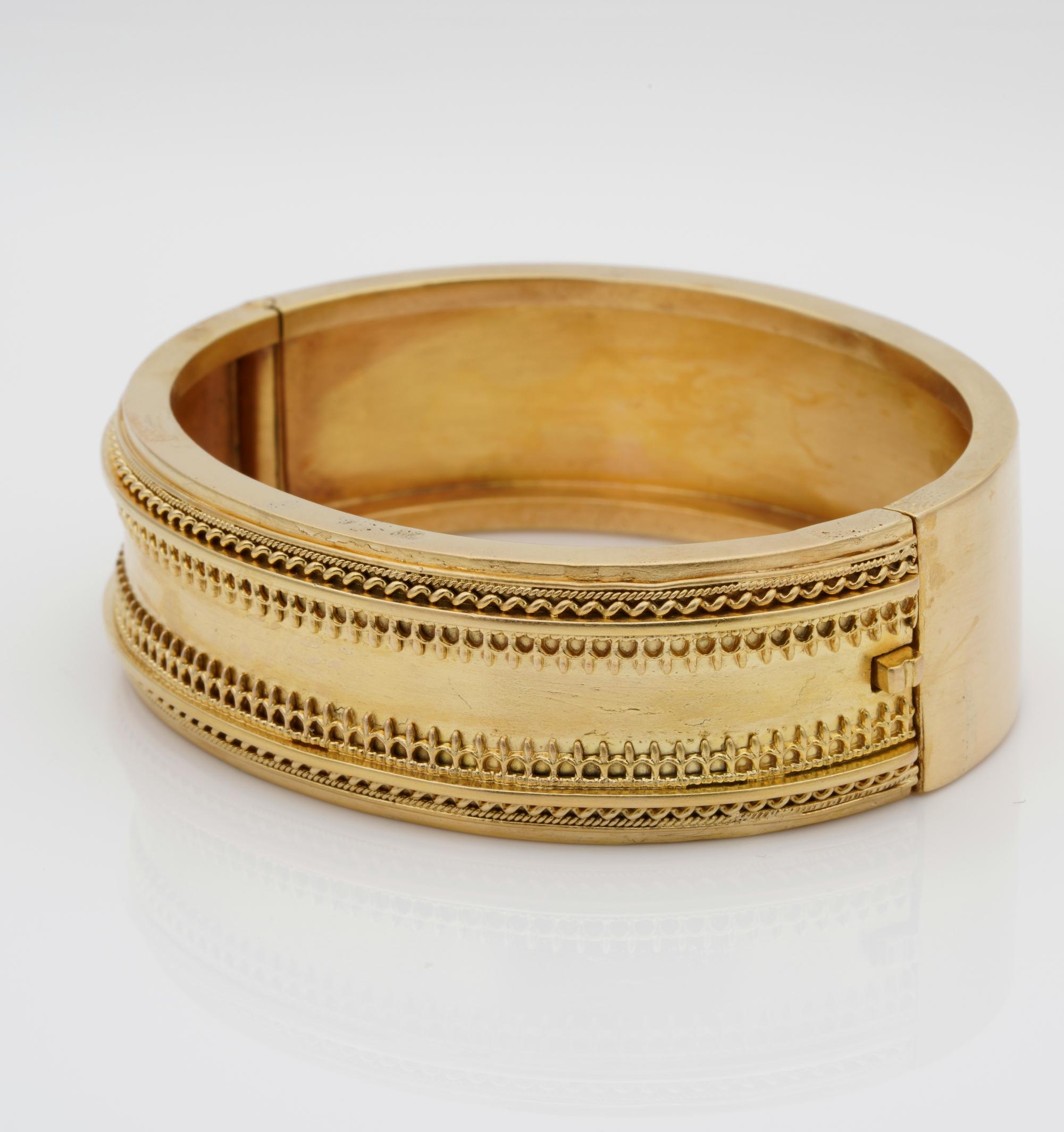 Women's or Men's Victorian Etruscan Revival 15 KT Gold Cuff For Sale