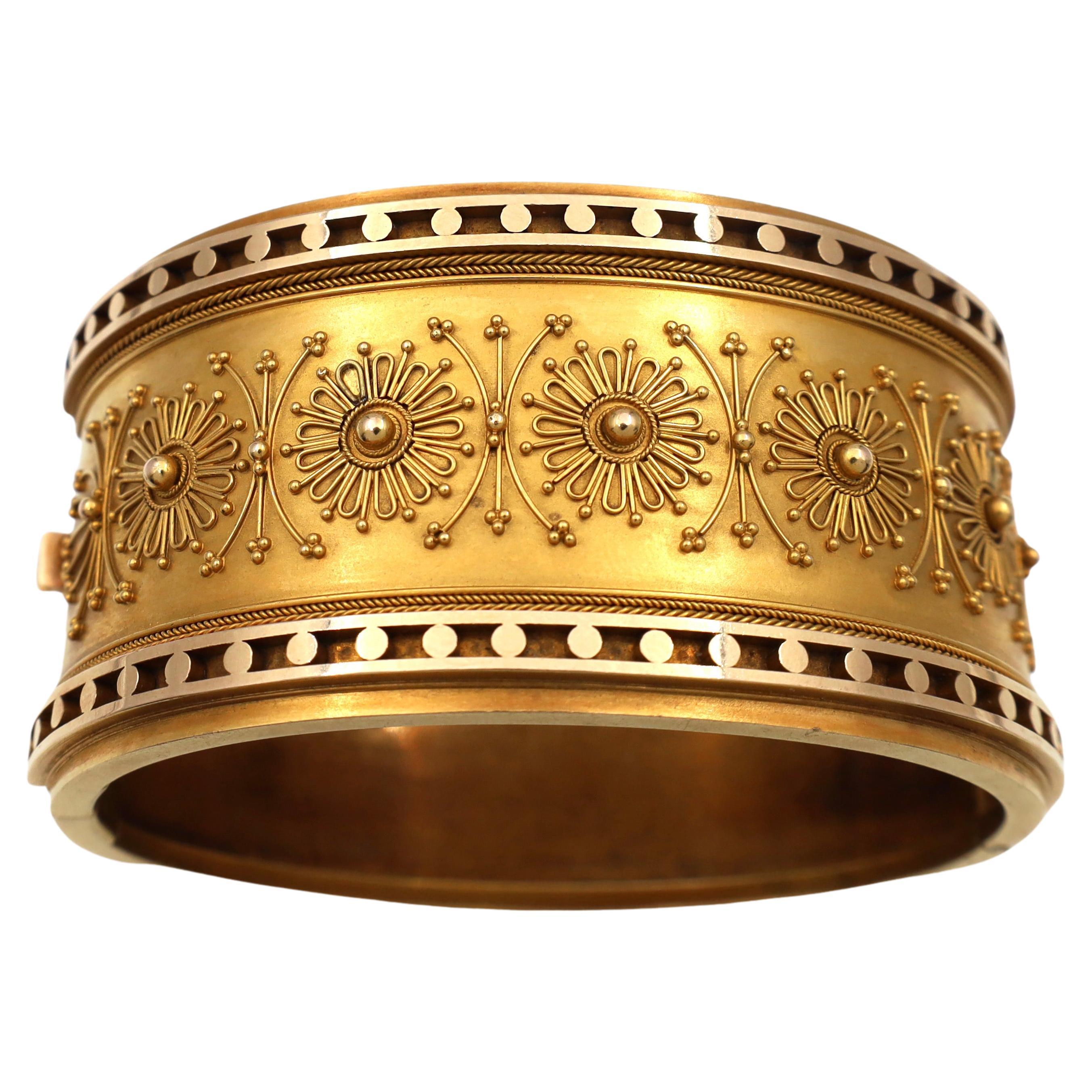 Victorian Etruscan revival 15kt yellow gold cuff bangle