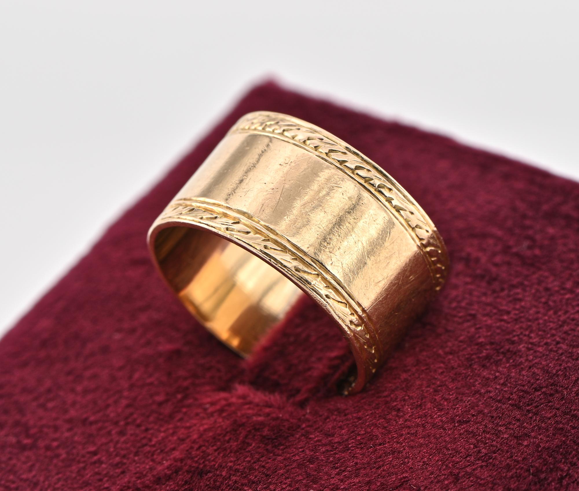 Women's Victorian Etruscan Revival 18 KT Gold Wide Wedding Band For Sale