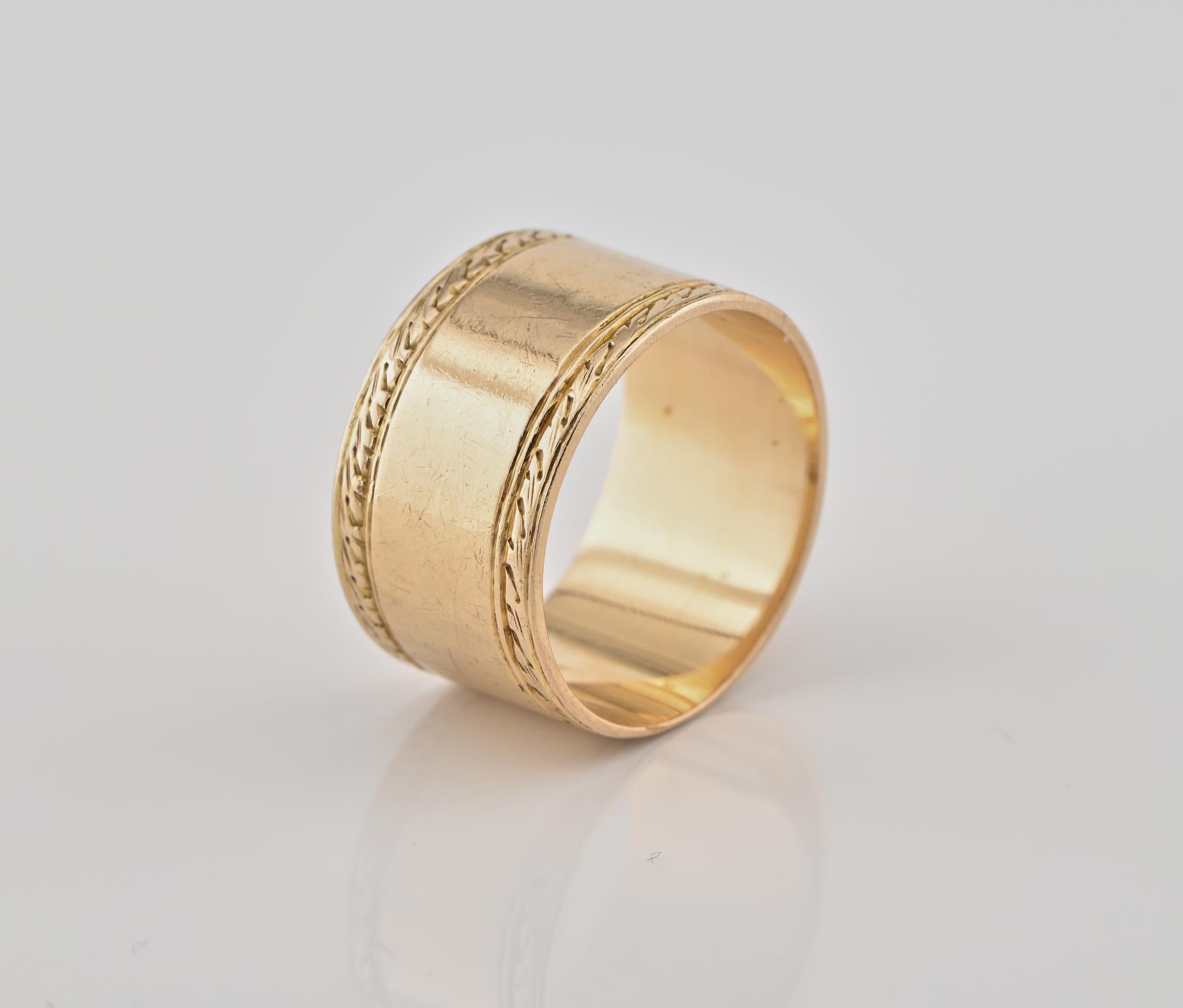 Victorian Etruscan Revival 18 KT Gold Wide Wedding Band For Sale 1