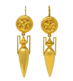 Victorian Etruscan Revival 18K Gold Antique Grapevine Amphora Drop Earrings