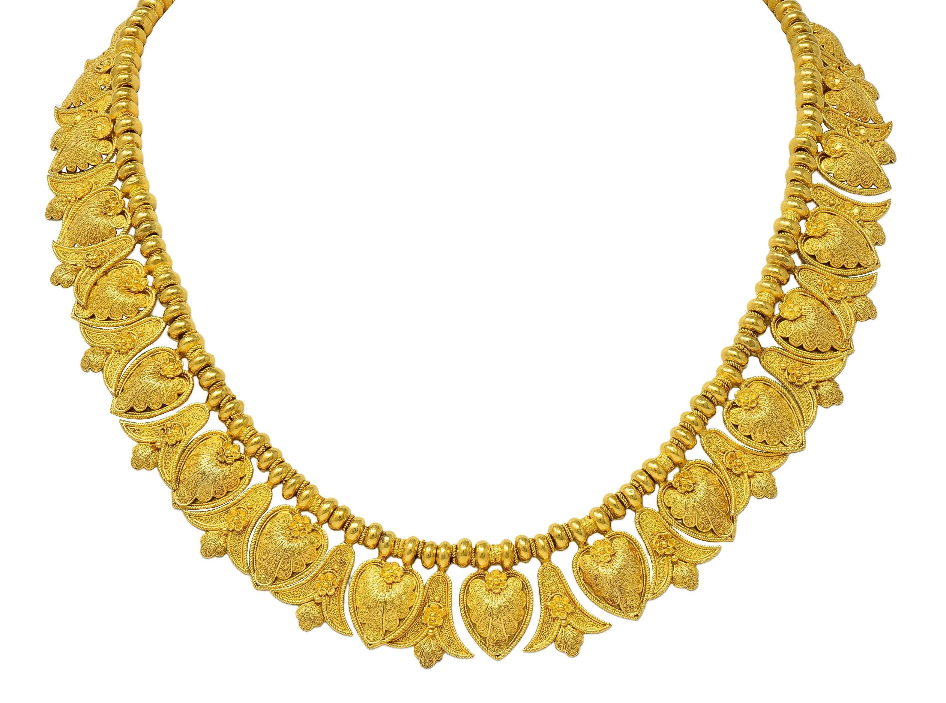 Collana vittoriana Etruscan Revival in oro 18 carati con frange di palme e loto in vendita 5