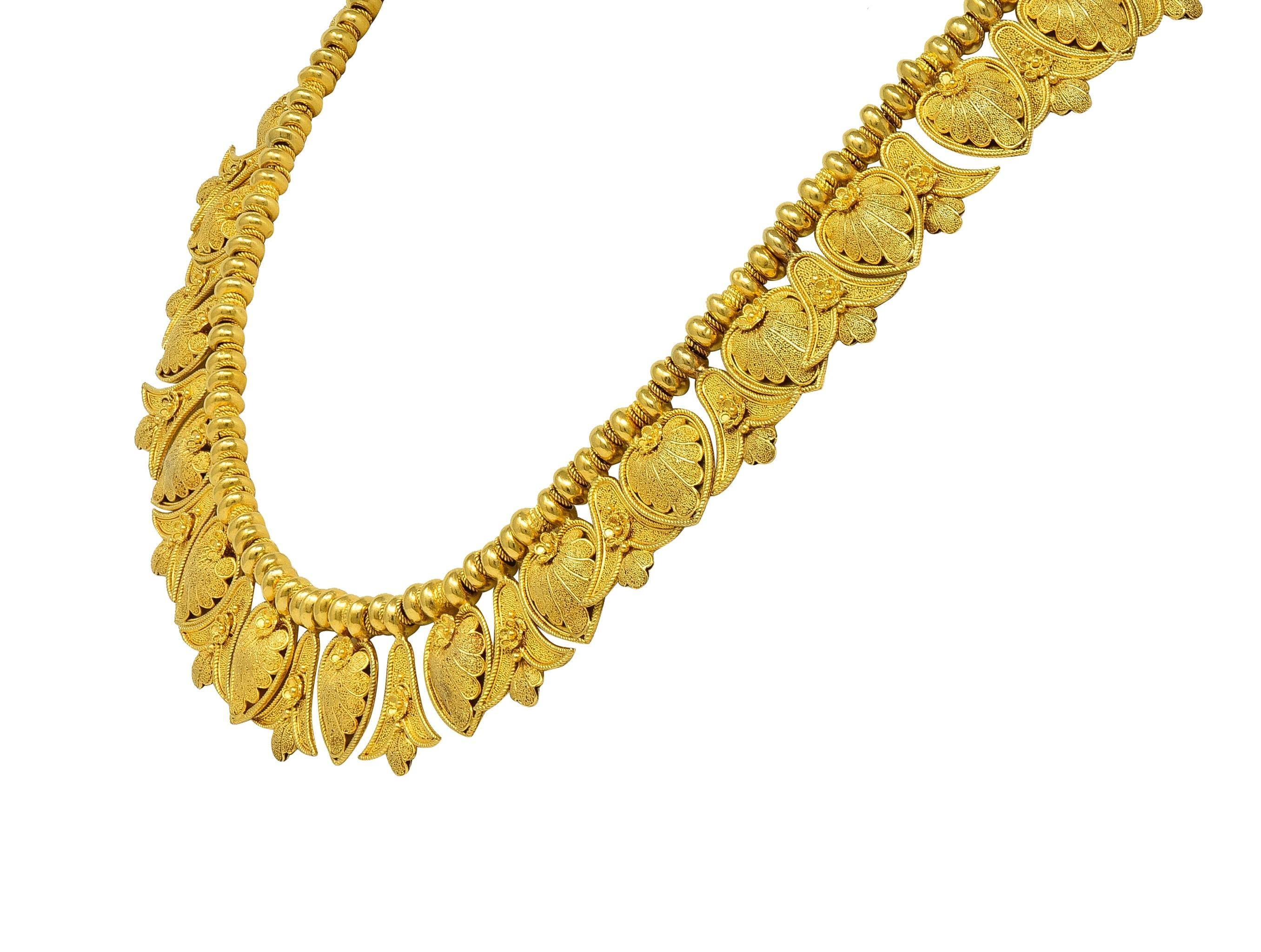 Collana vittoriana Etruscan Revival in oro 18 carati con frange di palme e loto In condizioni ottime in vendita a Philadelphia, PA