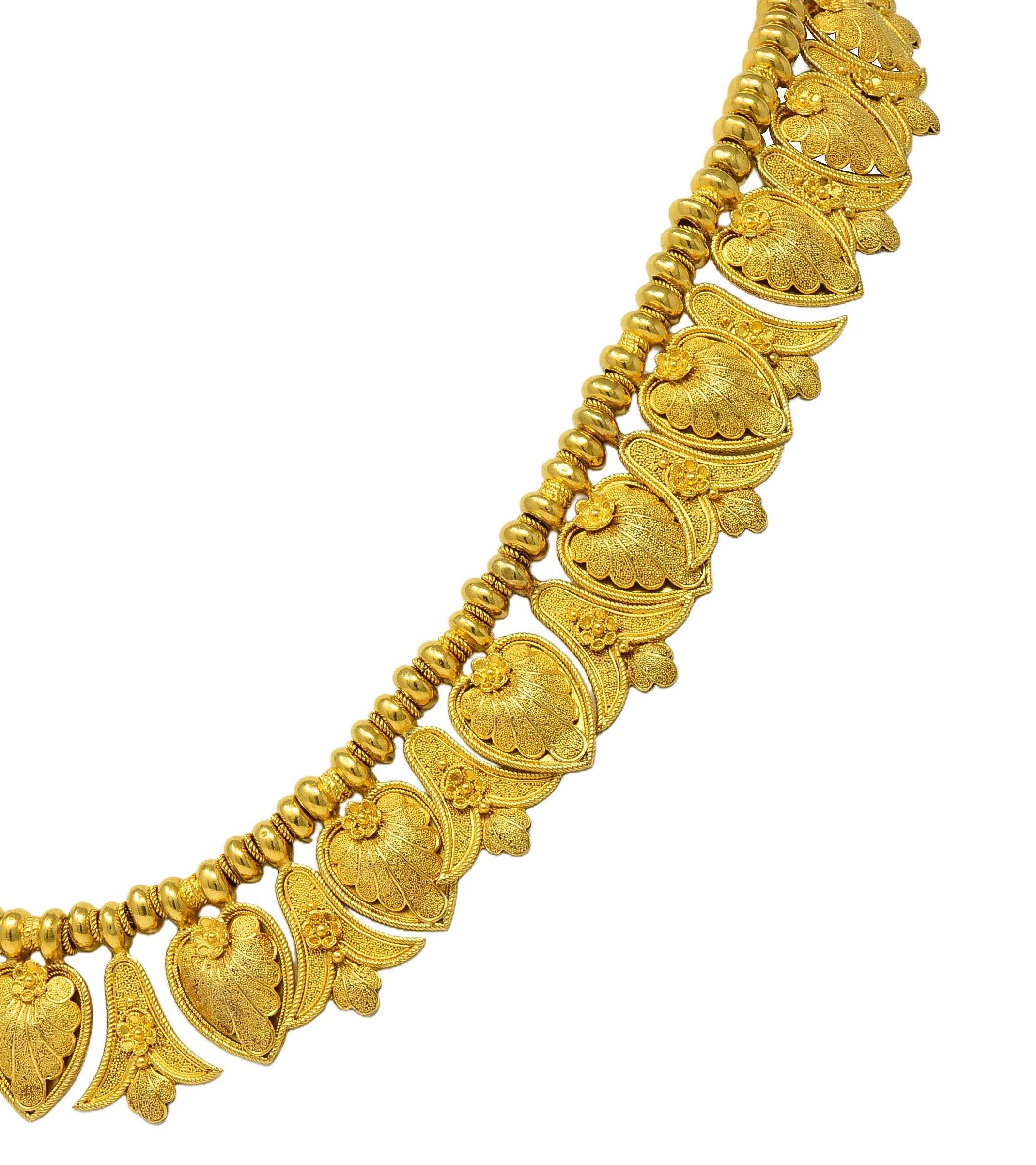 Collana vittoriana Etruscan Revival in oro 18 carati con frange di palme e loto in vendita 3