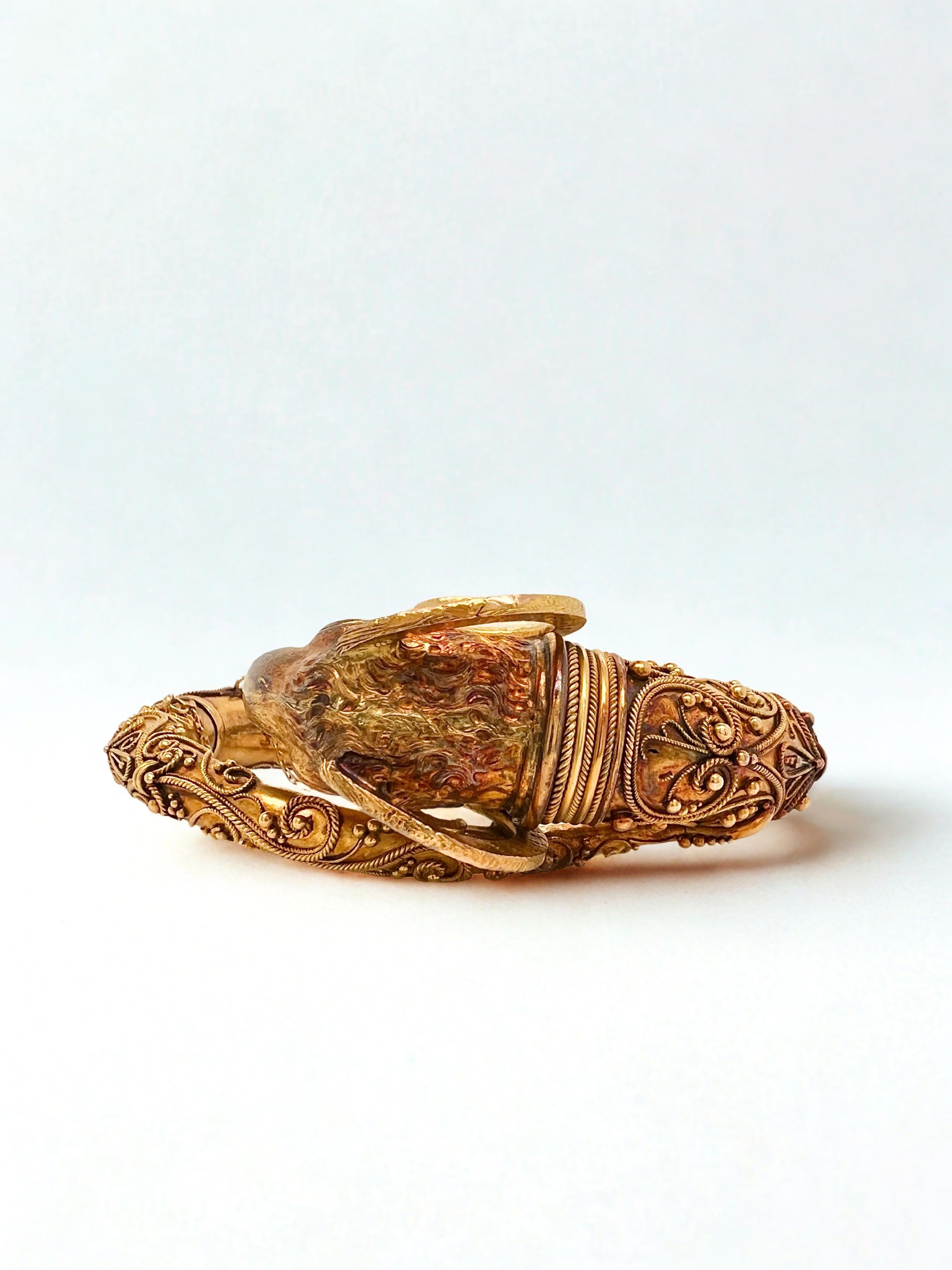 Victorian Etruscan Revival 18k Gold Rams Head Bangle Bracelet In Good Condition For Sale In New York, NY
