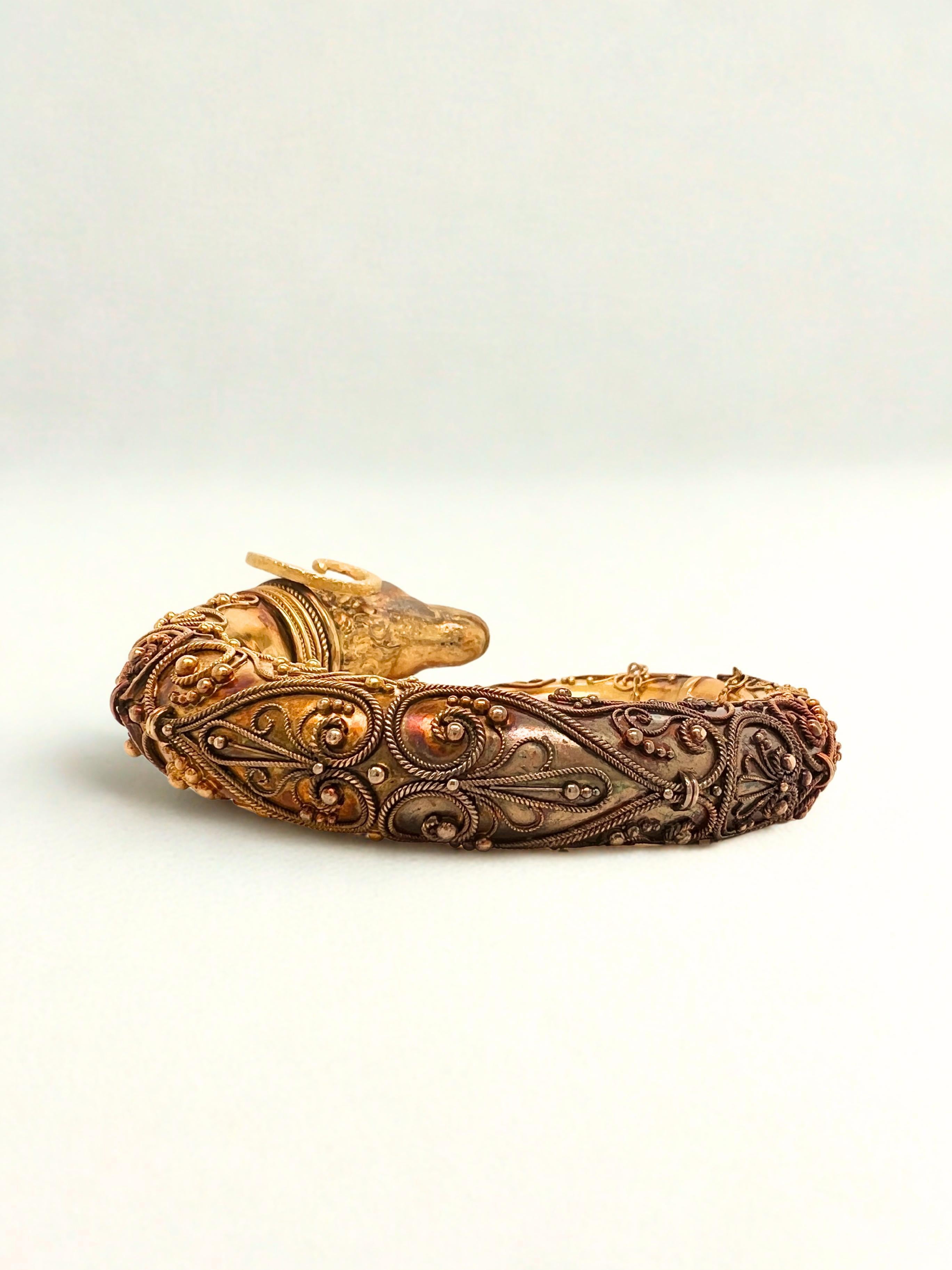 Women's Victorian Etruscan Revival 18k Gold Rams Head Bangle Bracelet For Sale