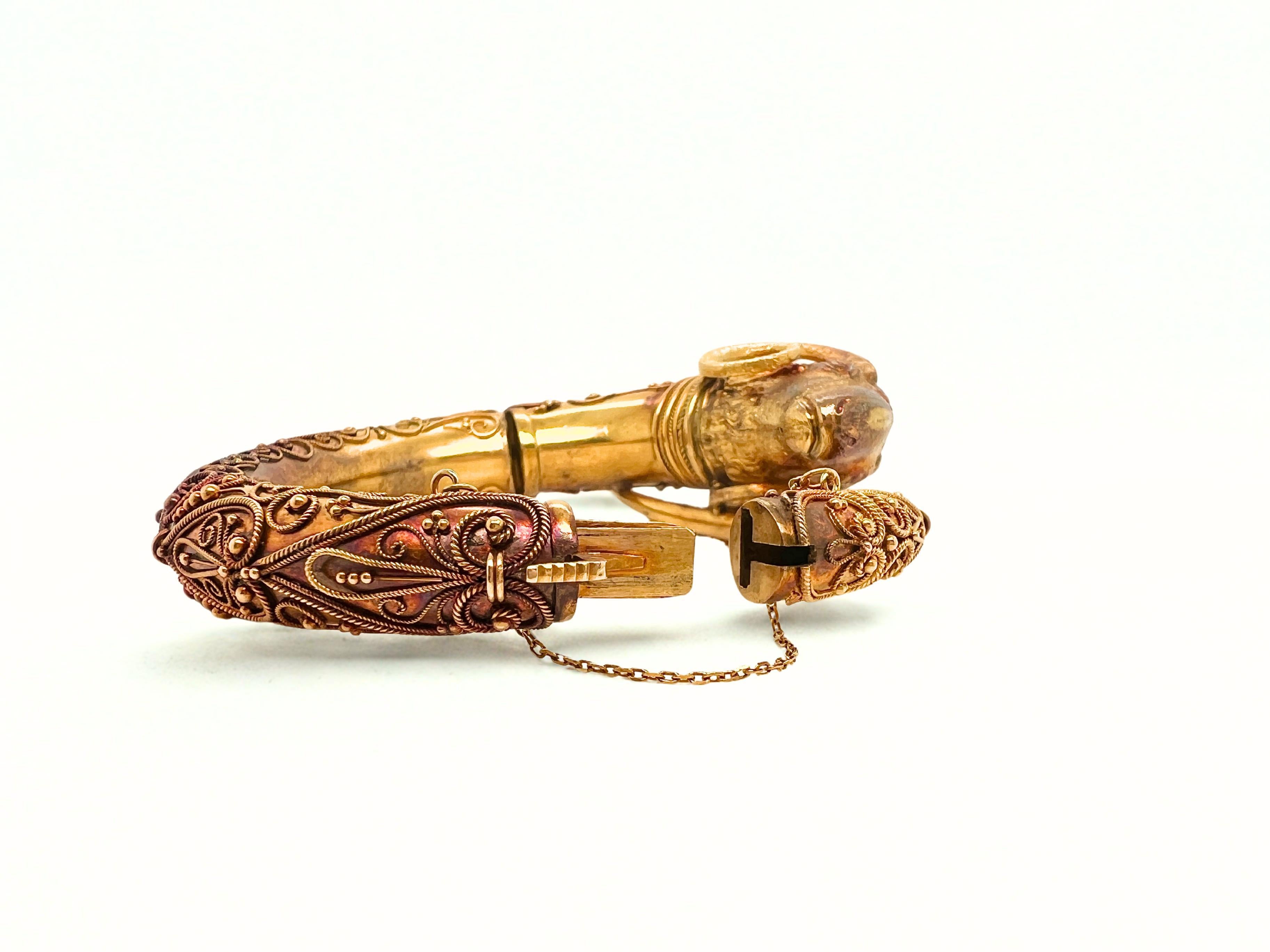 Victorian Etruscan Revival 18k Gold Rams Head Bangle Bracelet For Sale 1