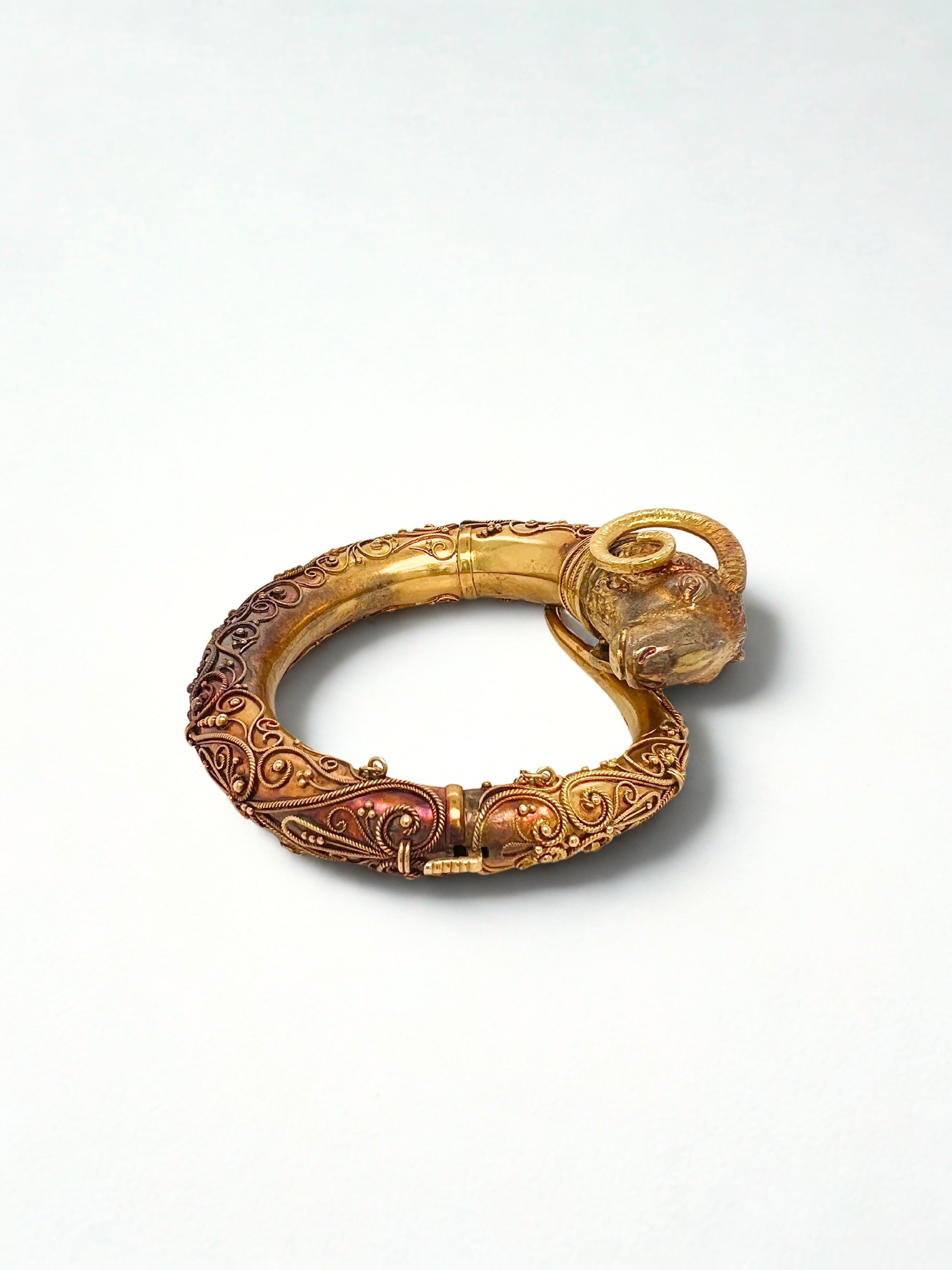 Victorian Etruscan Revival 18k Gold Rams Head Bangle Bracelet For Sale 2
