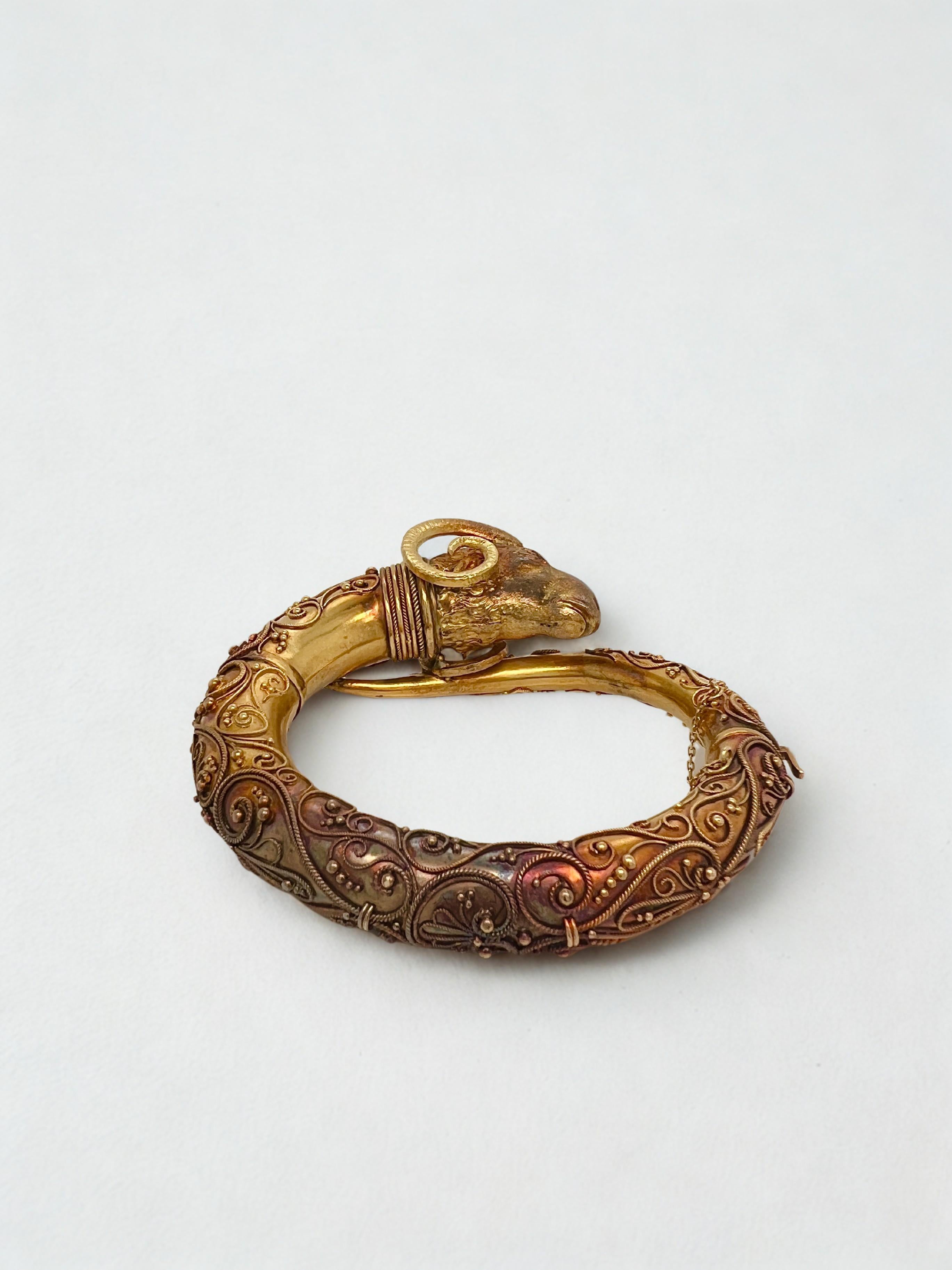 Victorian Etruscan Revival 18k Gold Rams Head Bangle Bracelet For Sale 3
