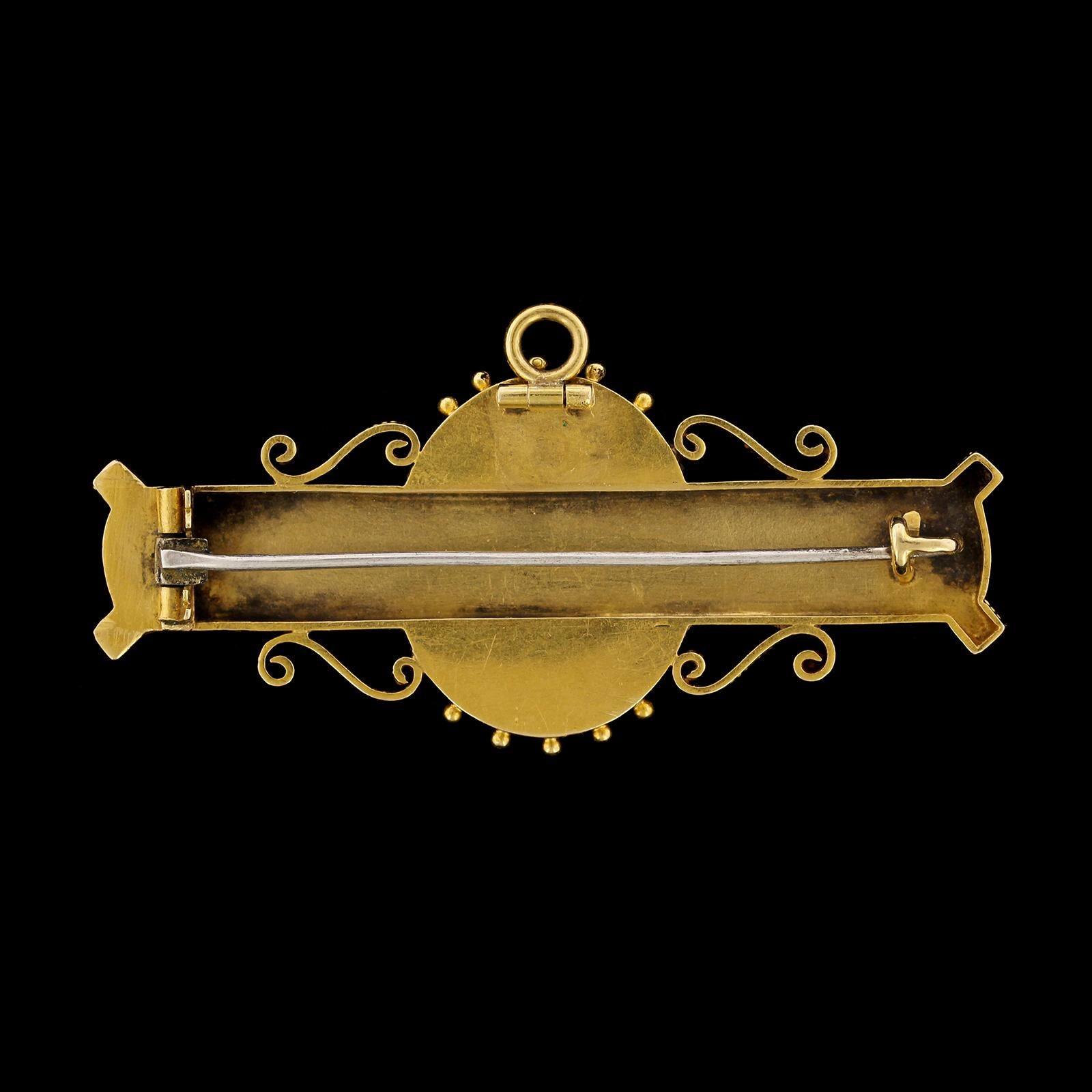 Women's or Men's Victorian Etruscan Revival 18 Karat Yellow Gold Damascene Pin For Sale