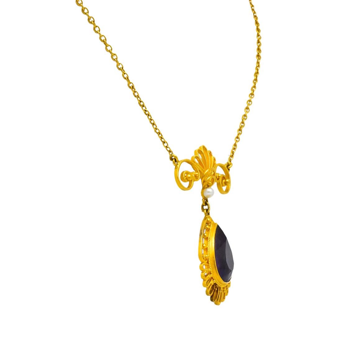 Women's or Men's Victorian Etruscan Revival 3.50 Carat Amethyst Pearl 14 Karat Gold Necklace