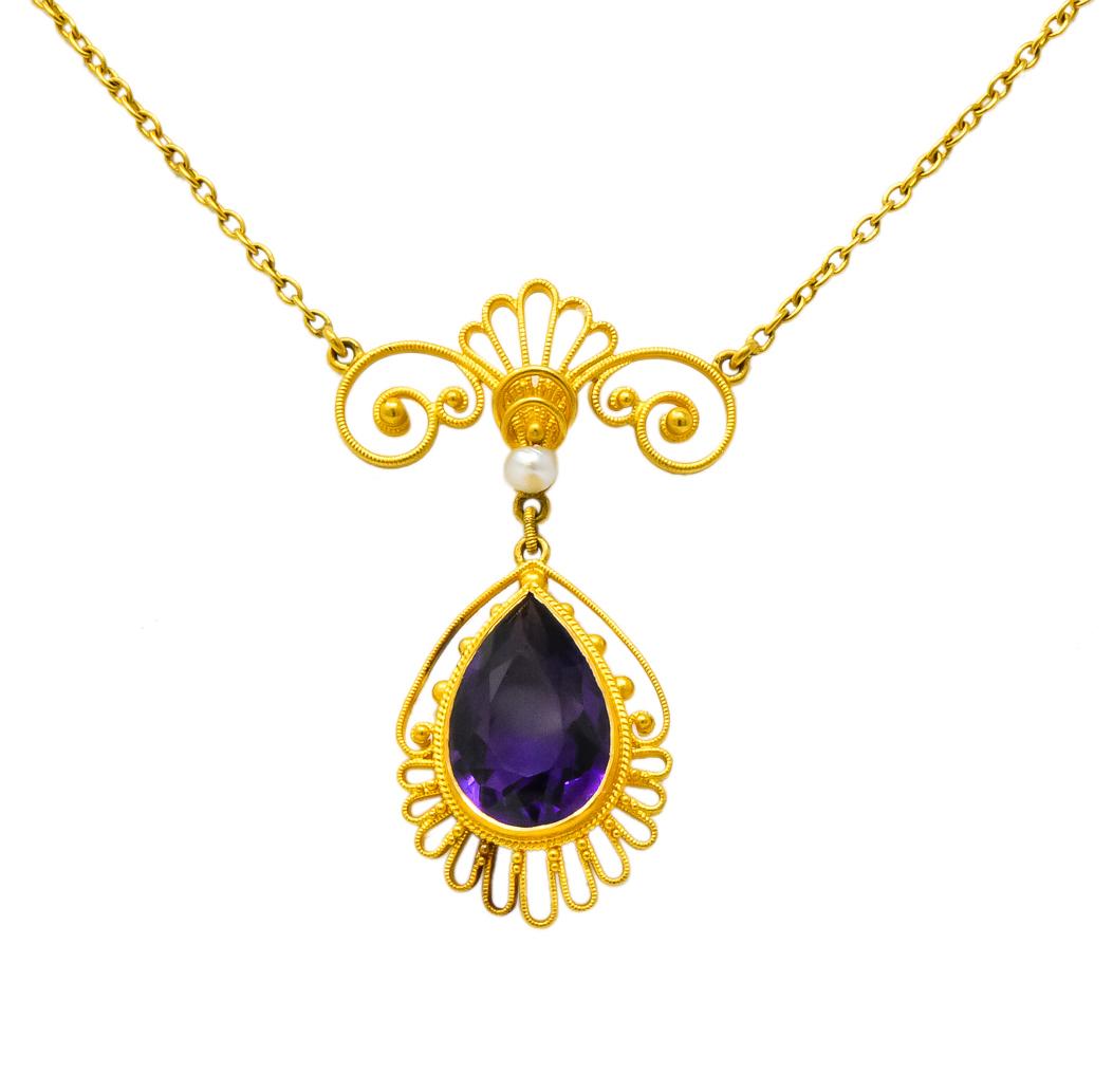 Victorian Etruscan Revival 3.50 Carat Amethyst Pearl 14 Karat Gold Necklace 3