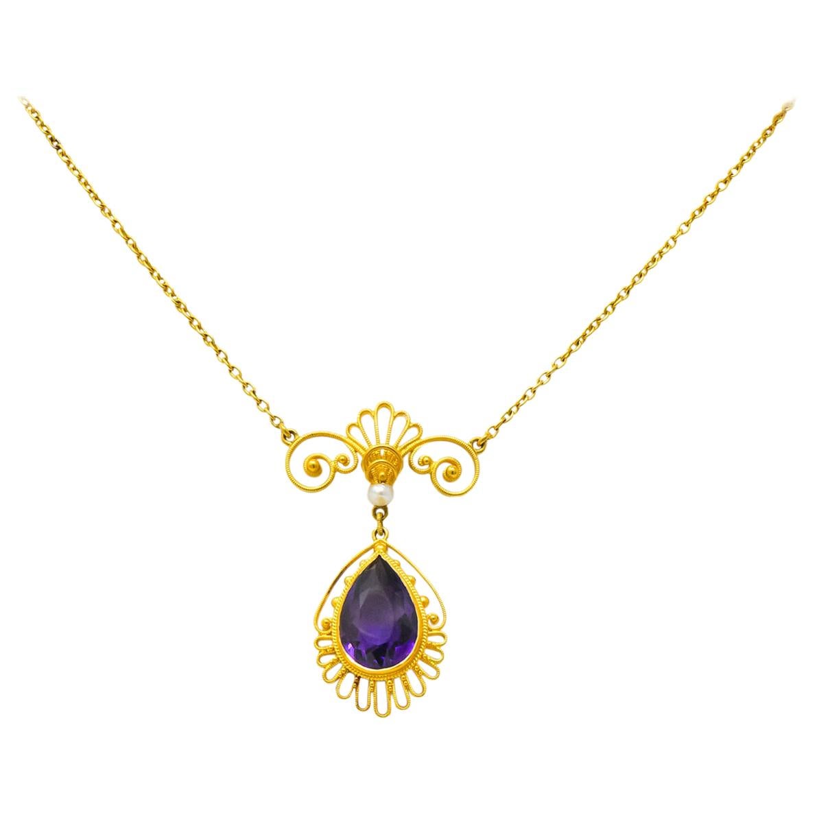 Victorian Etruscan Revival 3.50 Carat Amethyst Pearl 14 Karat Gold Necklace