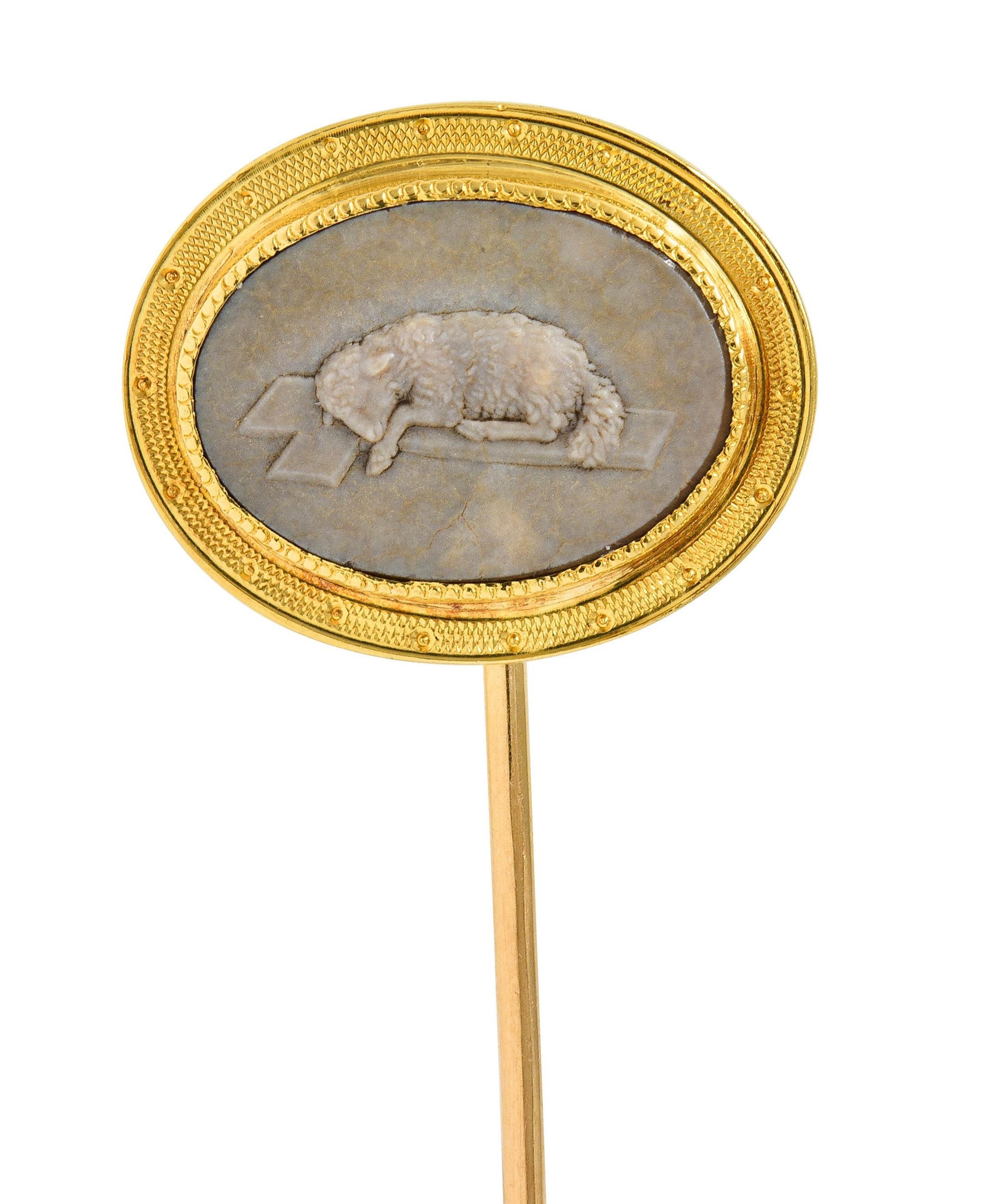 Victorian Etruscan Revival Agate 18K Yellow Gold Lamb Antique Cameo Stickpin For Sale 5