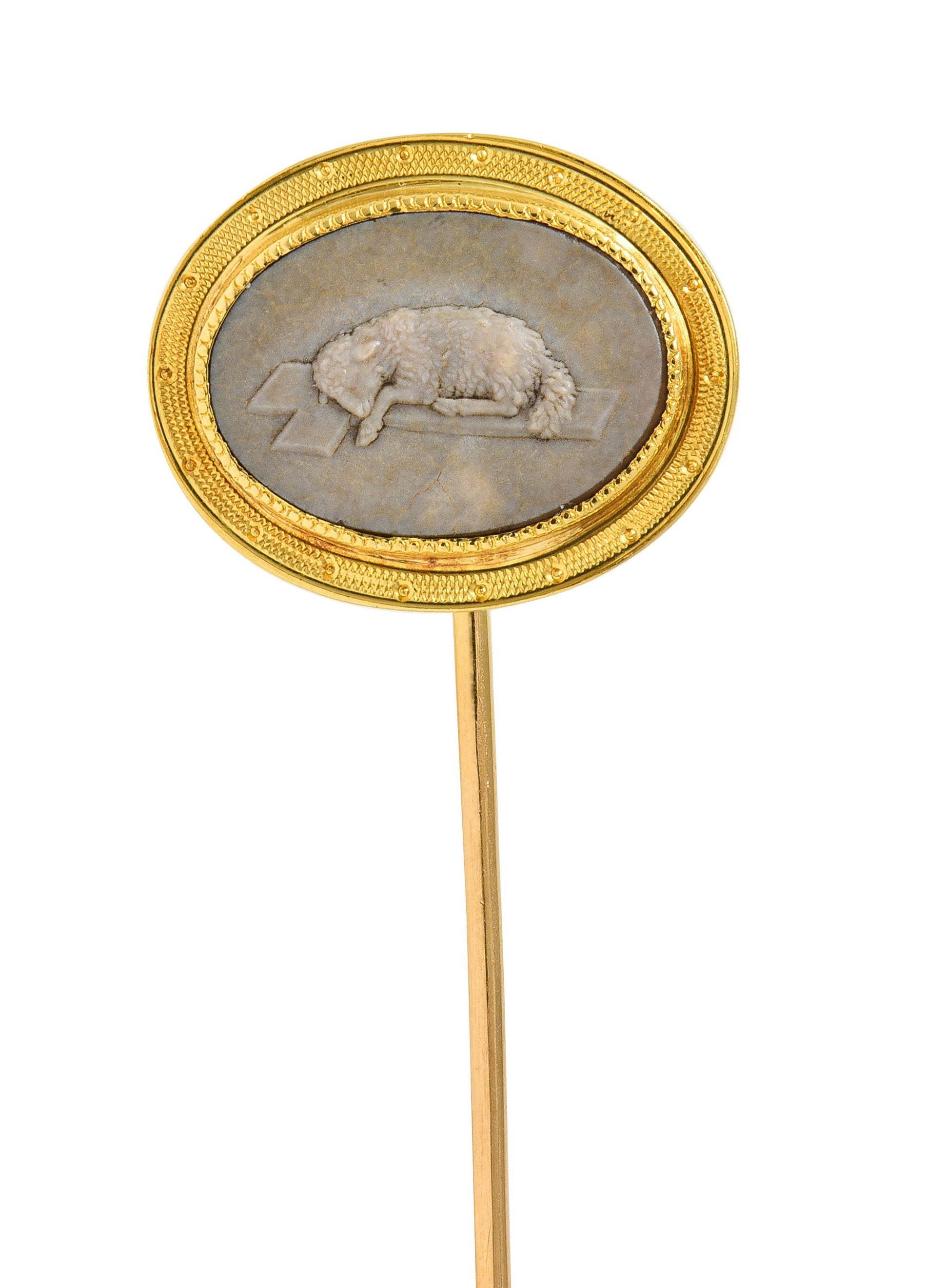 Victorian Etruscan Revival Agate 18K Yellow Gold Lamb Antique Cameo Stickpin For Sale