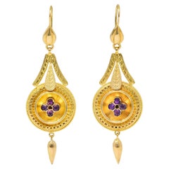 Victorian Etruscan Revival Amethyst 14 Karat Gold Drop Earrings